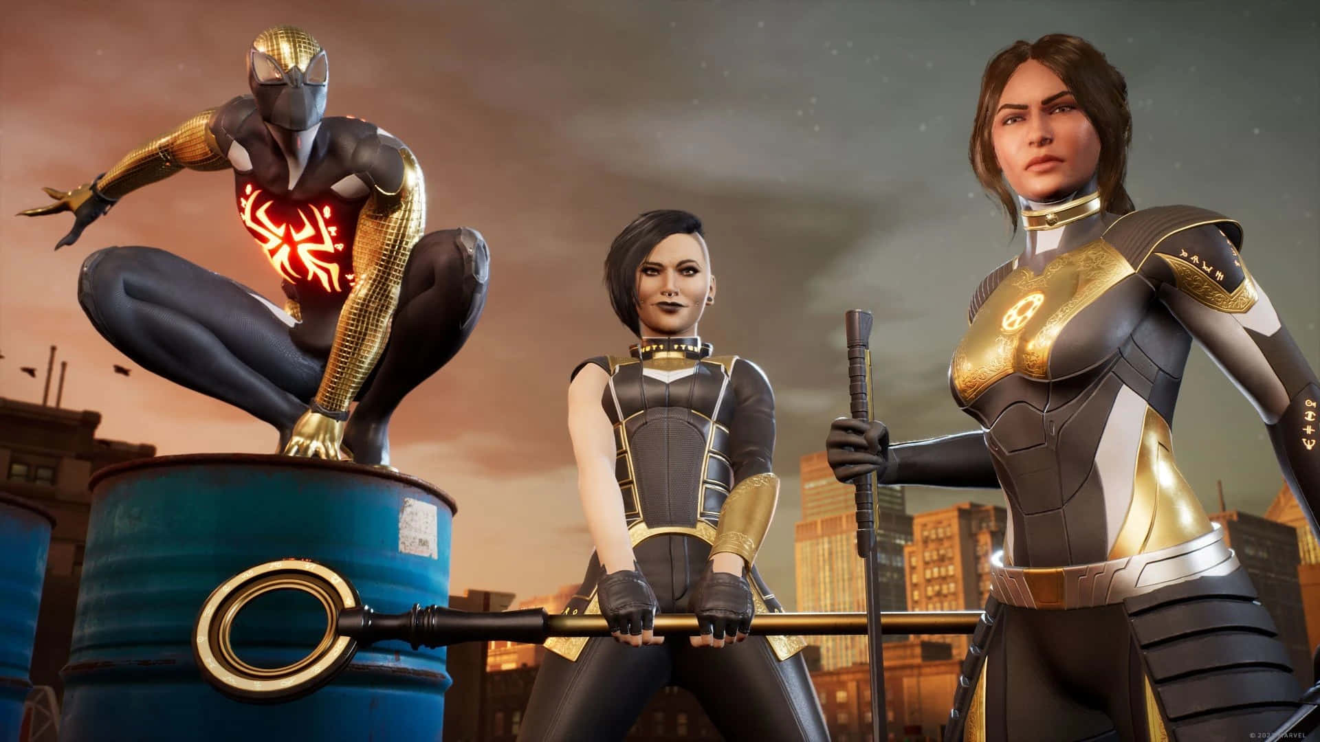Superhero Battle on Rooftops, black and gold suits, blue barrel, Full HD Desktop Wallpaper