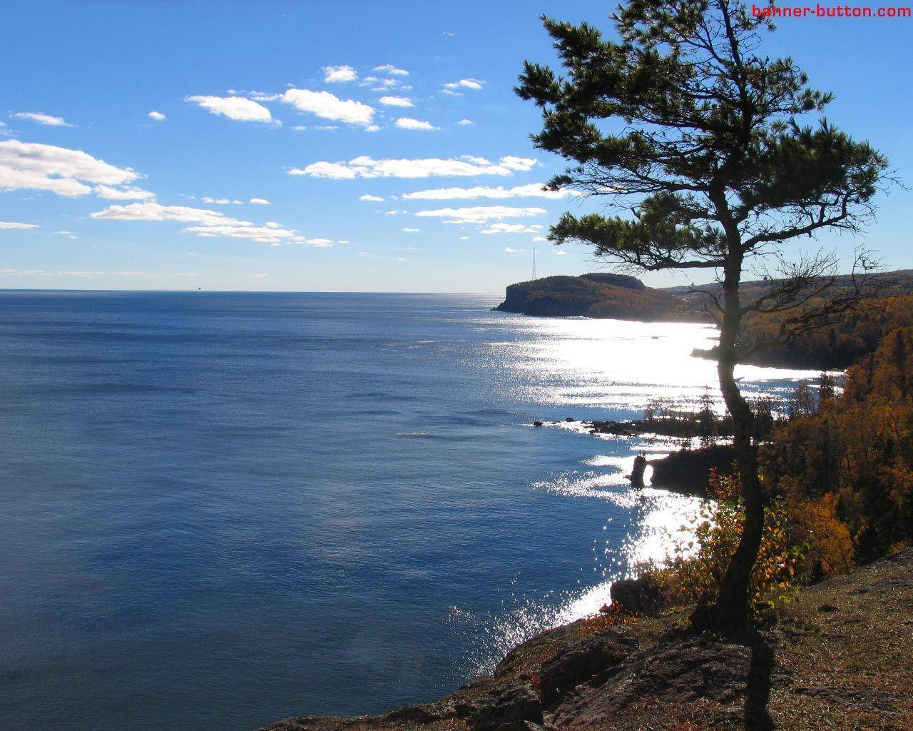 Lake Superior, pine tree, rocky cliff, HD Desktop Wallpaper