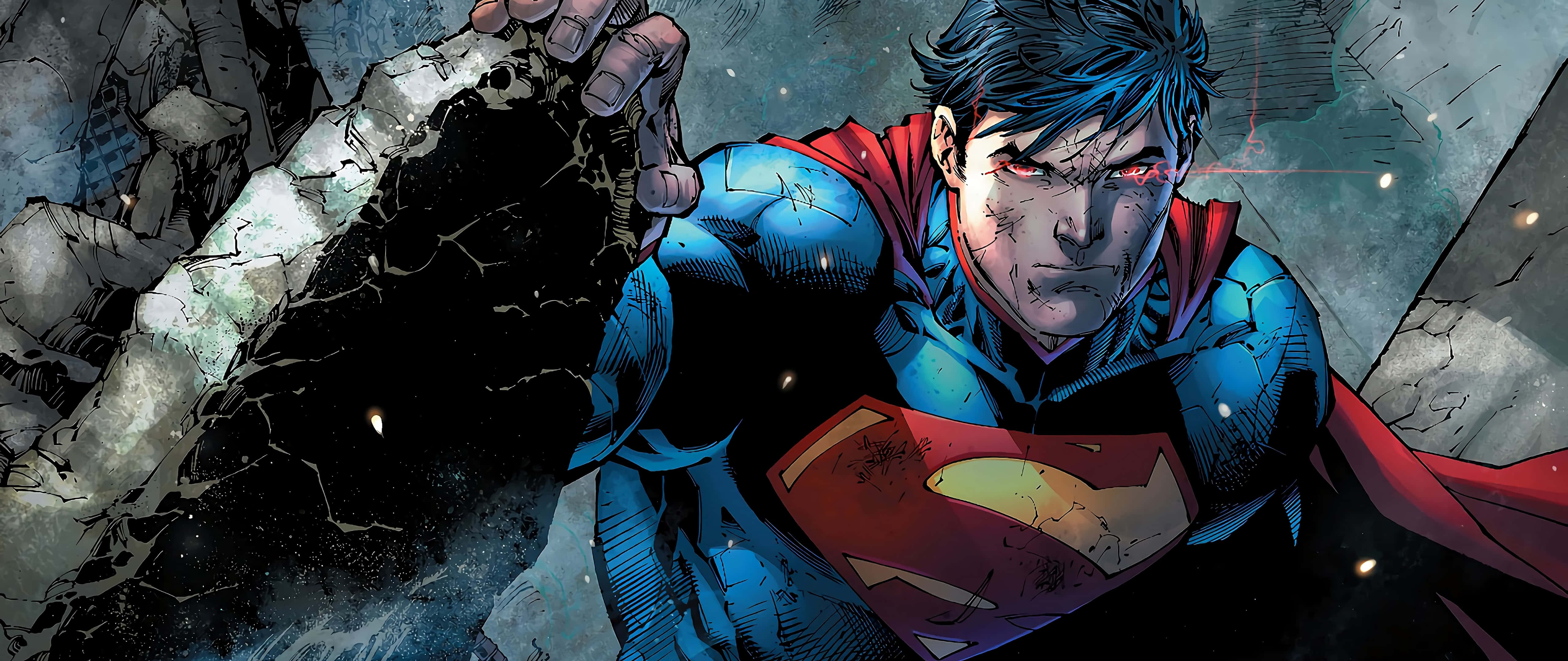 Superman, battle-worn suit, glowing red eyes, 5K Desktop Wallpaper