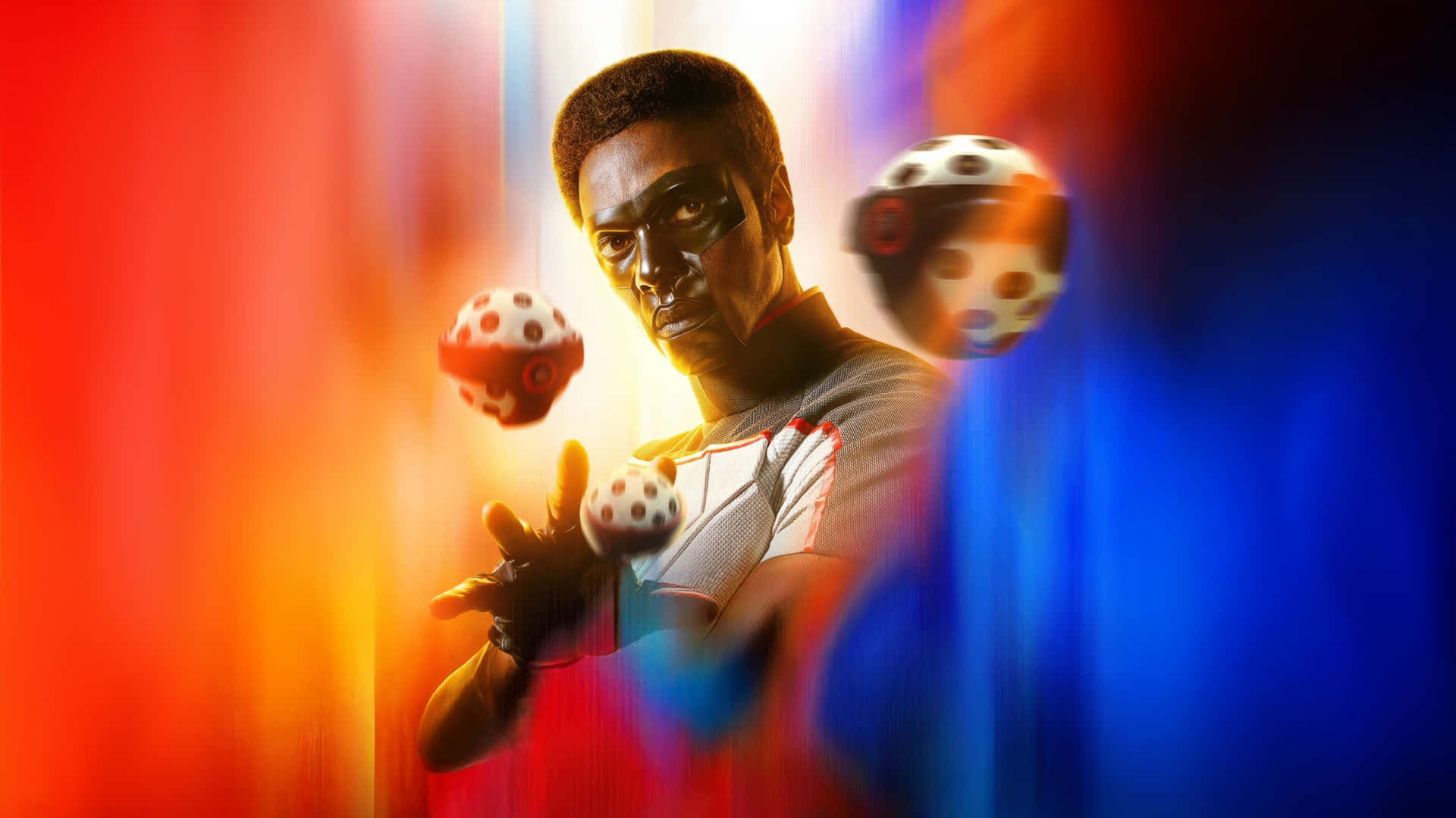 Superman 2025, red and white patterned balls, vibrant red and blue gradient background, Full HD Desktop Wallpaper