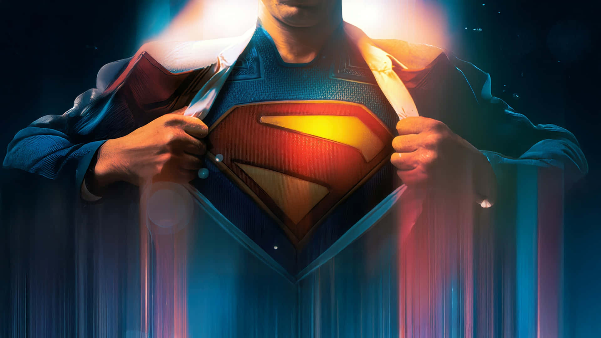 Superman 2025, red yellow and blue emblem, cosmic starry backdrop, Full HD Desktop Wallpaper