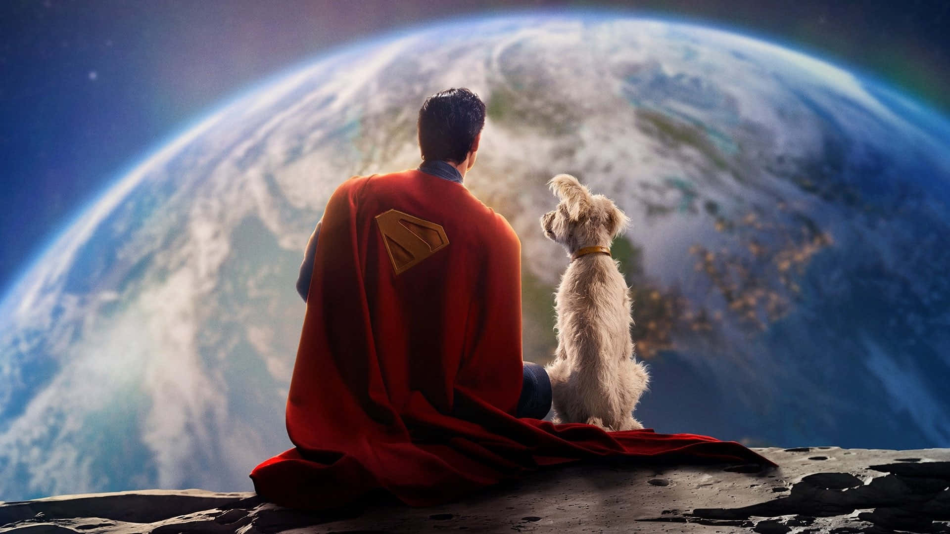 Superman, red cape, fluffy white dog, Full HD Desktop Wallpaper