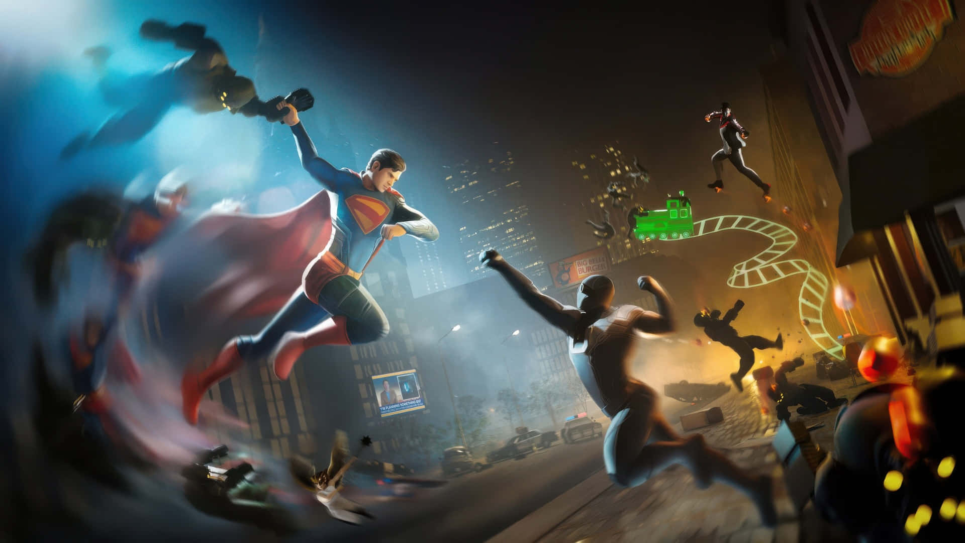 Superman 2025, neon lights, chaotic cityscape, Full HD Desktop Wallpaper
