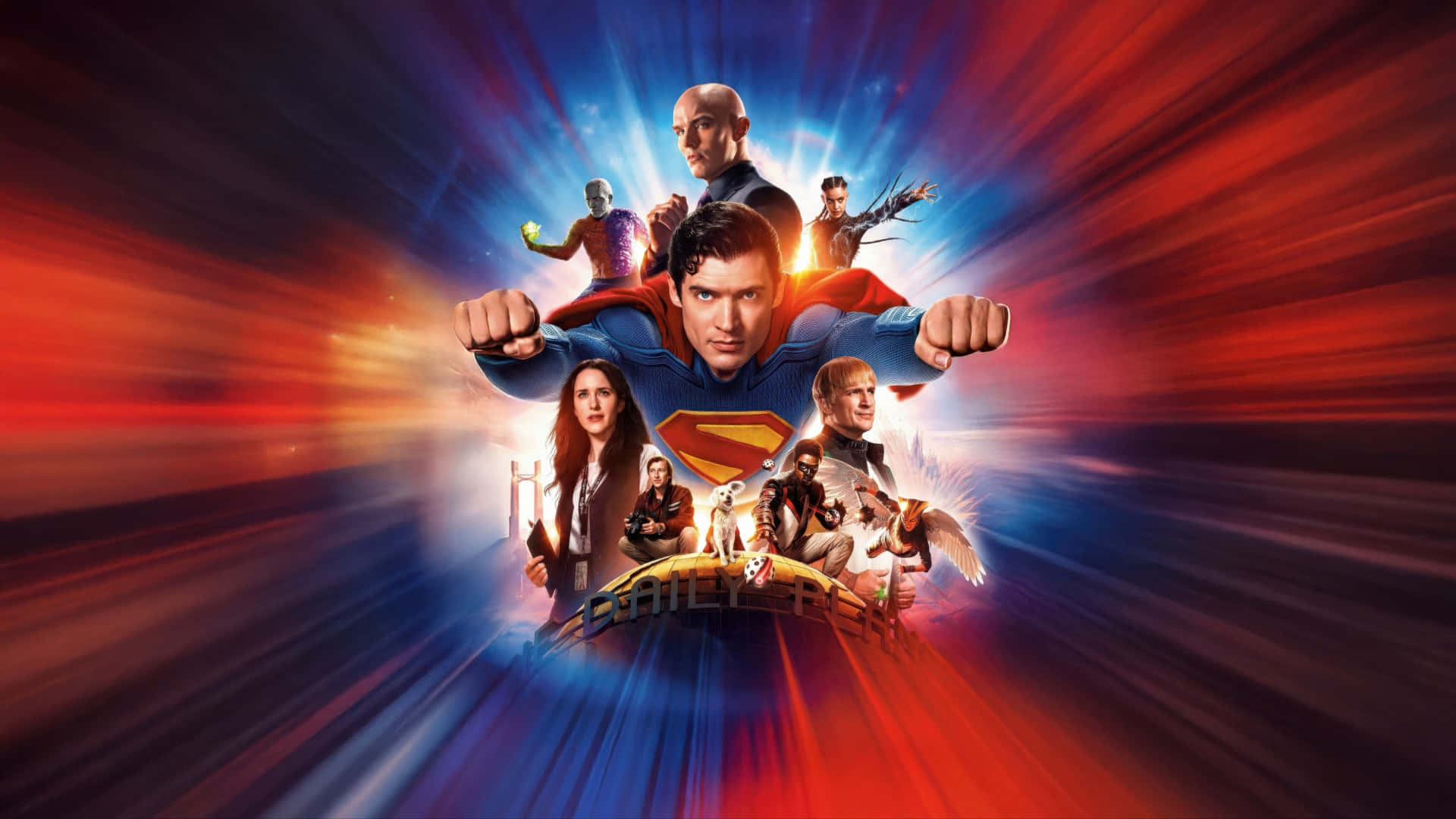 Superman 2025, movie poster, red blue streaked cosmic background, Full HD Desktop Wallpaper