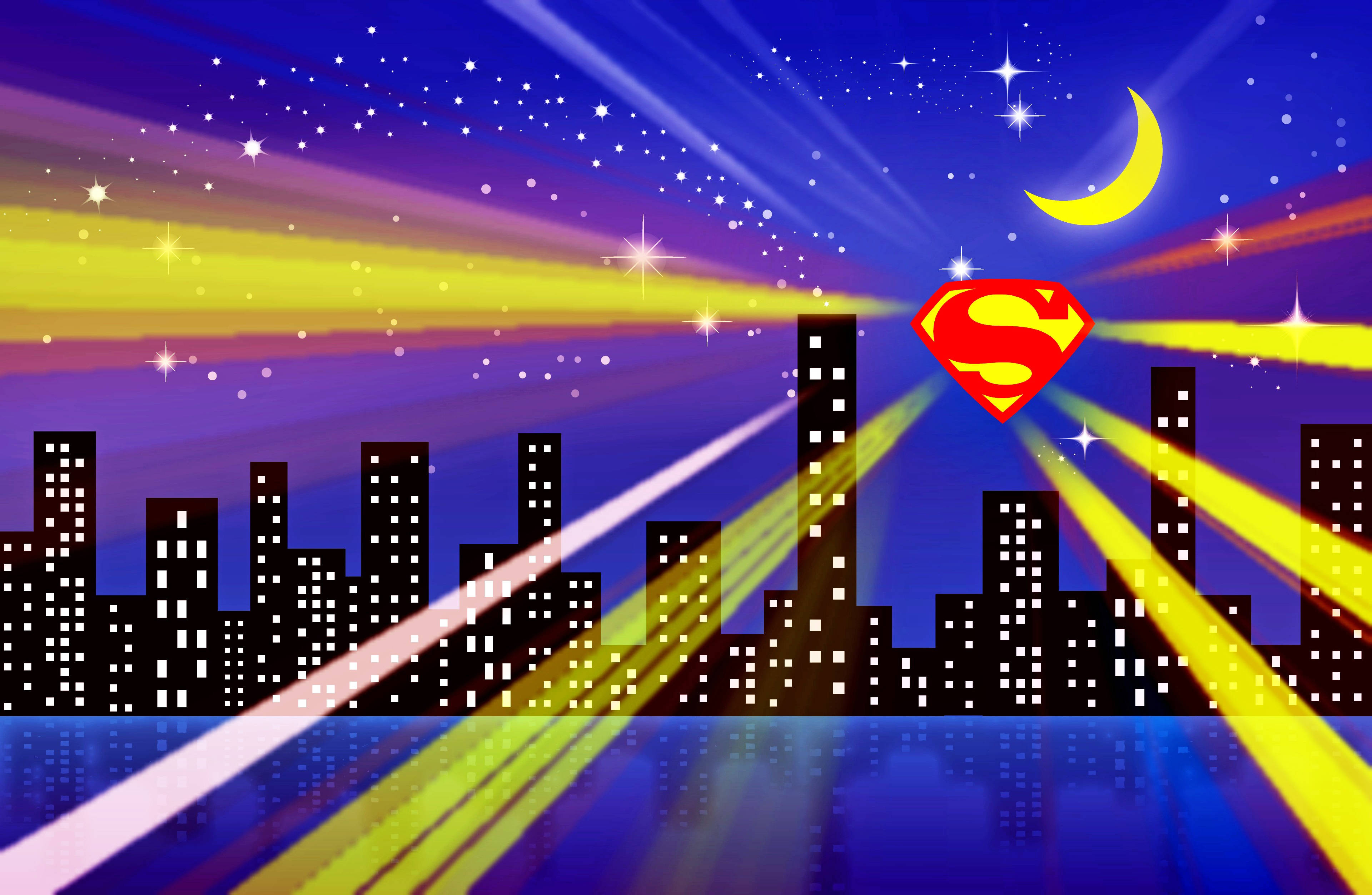 Superman Logo, cityscape, night, 4K Desktop Wallpaper