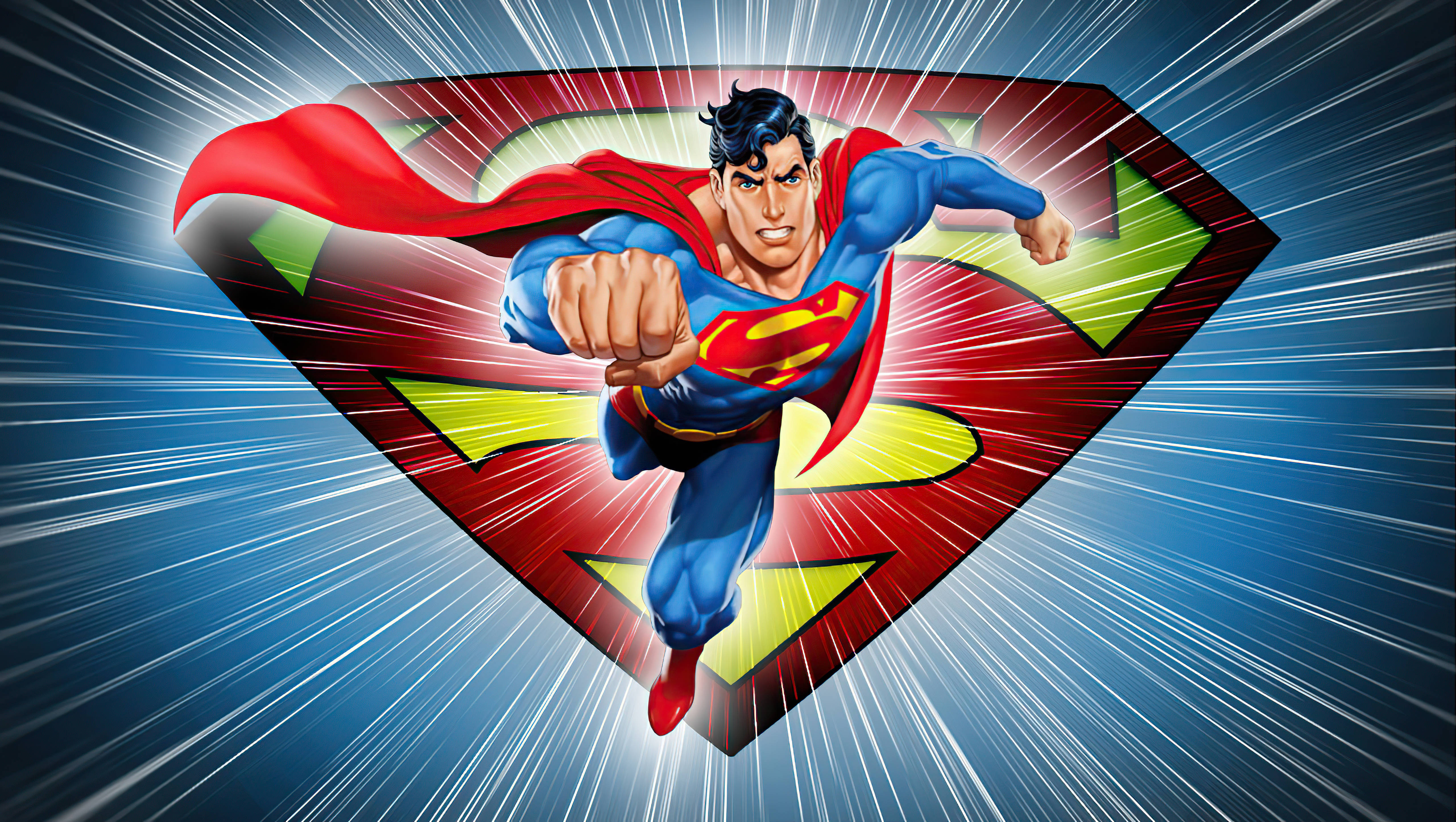 Superman, red and yellow shield, blue background, 5K Desktop Wallpaper
