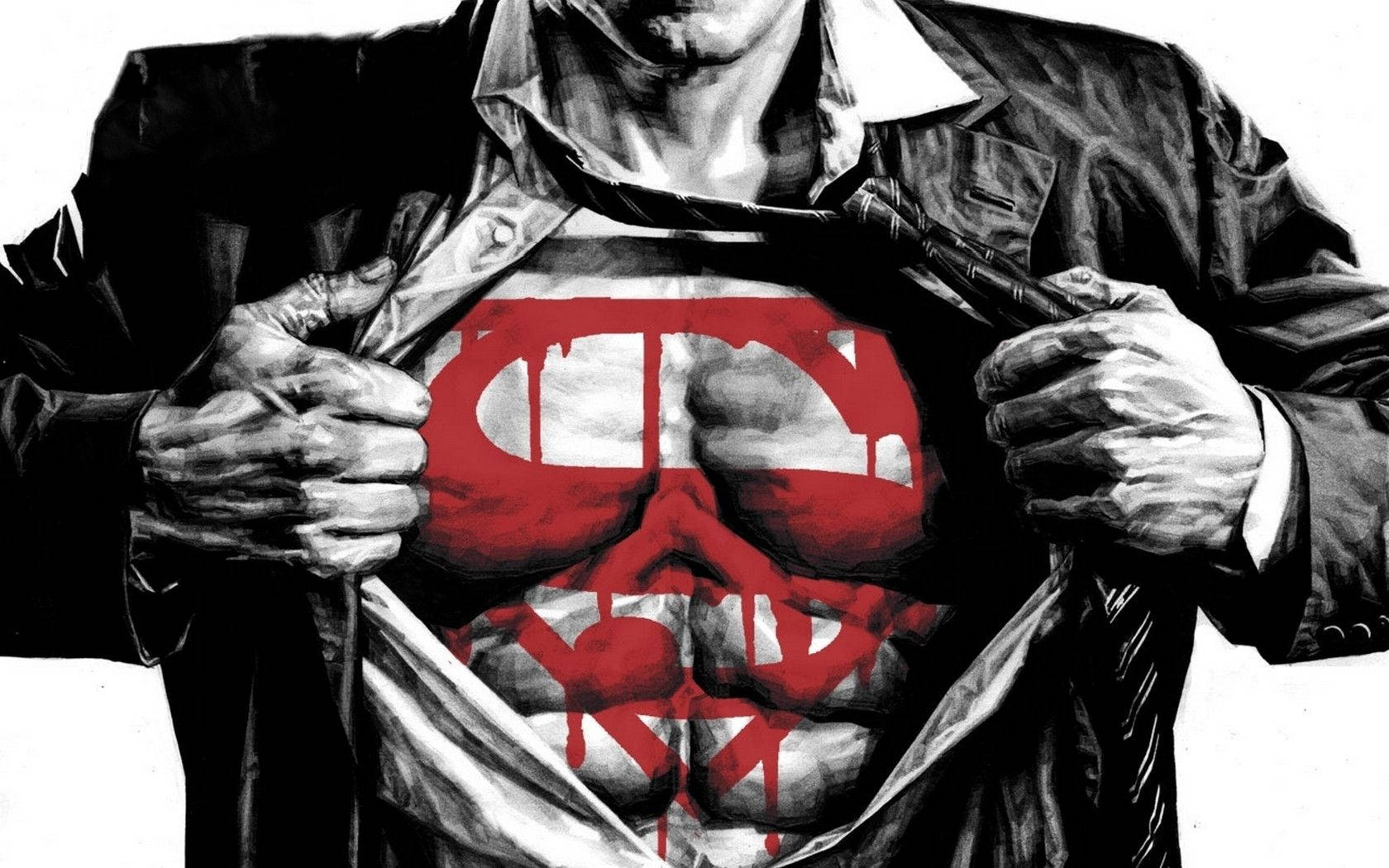 Superman, red skull emblem, gritty comic book style, HD Desktop Wallpaper