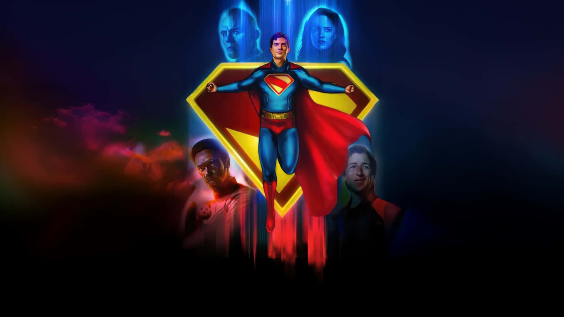 Superman 2025, glowing yellow S-shield, four ghostly faces, Full HD Desktop Wallpaper