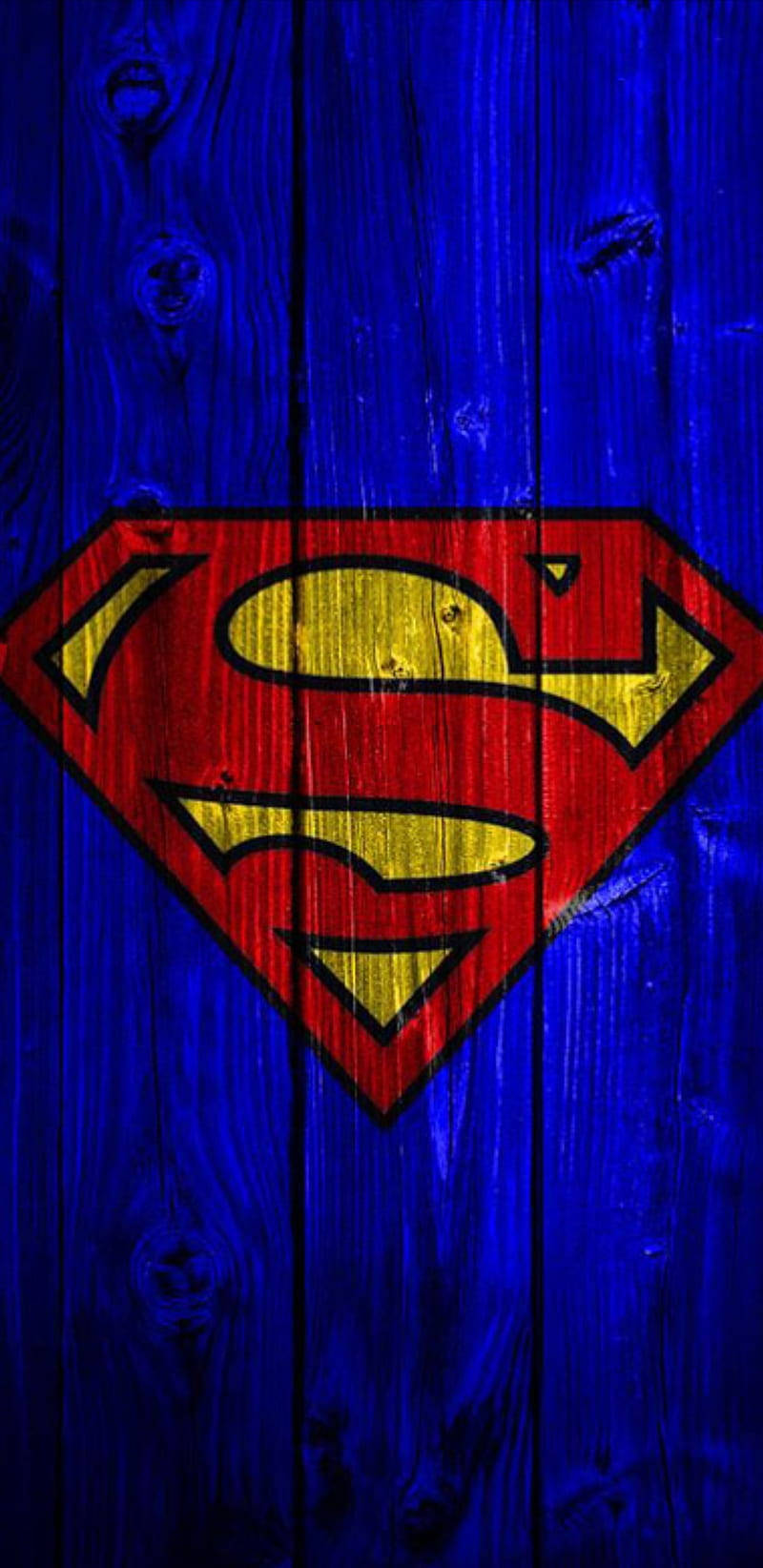 Superman Symbol iPhone, blue wood, red and yellow, HD Phone Wallpaper