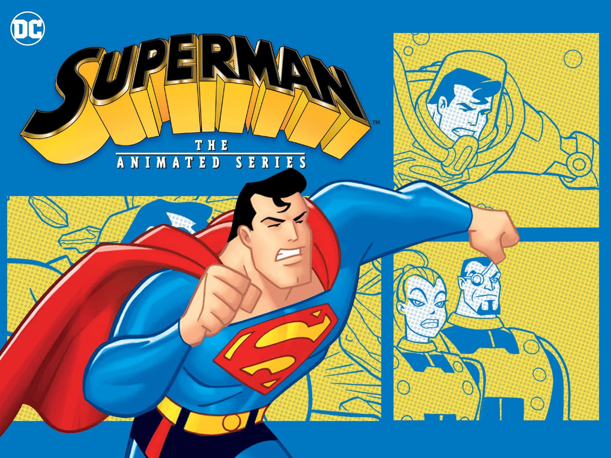 Superman: The Animated Series, blue and red costume, comic book style yellow and blue background, Full HD Desktop Wallpaper