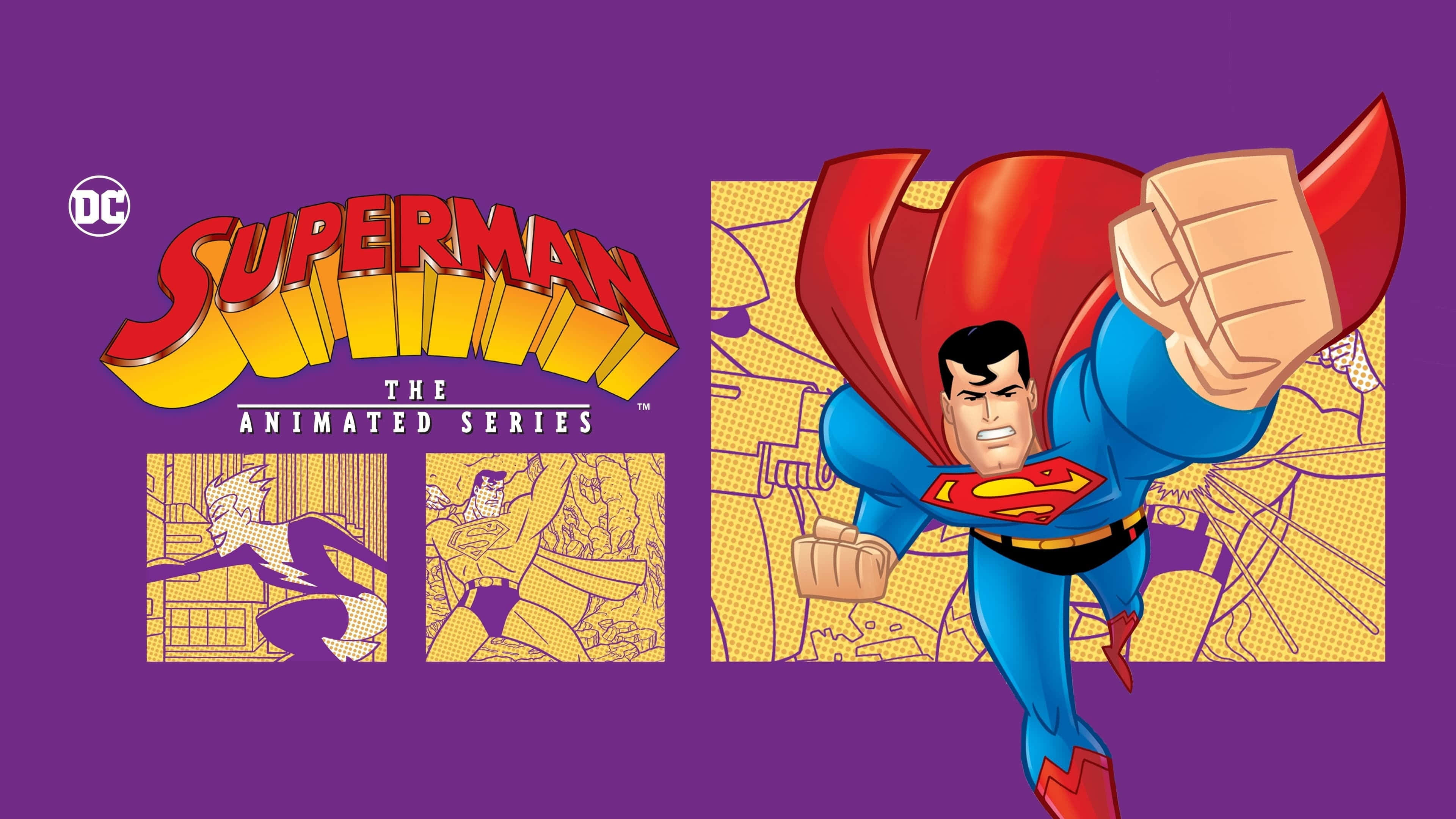 Superman The Animated Series, classic animated style, purple background, 4K Desktop Wallpaper