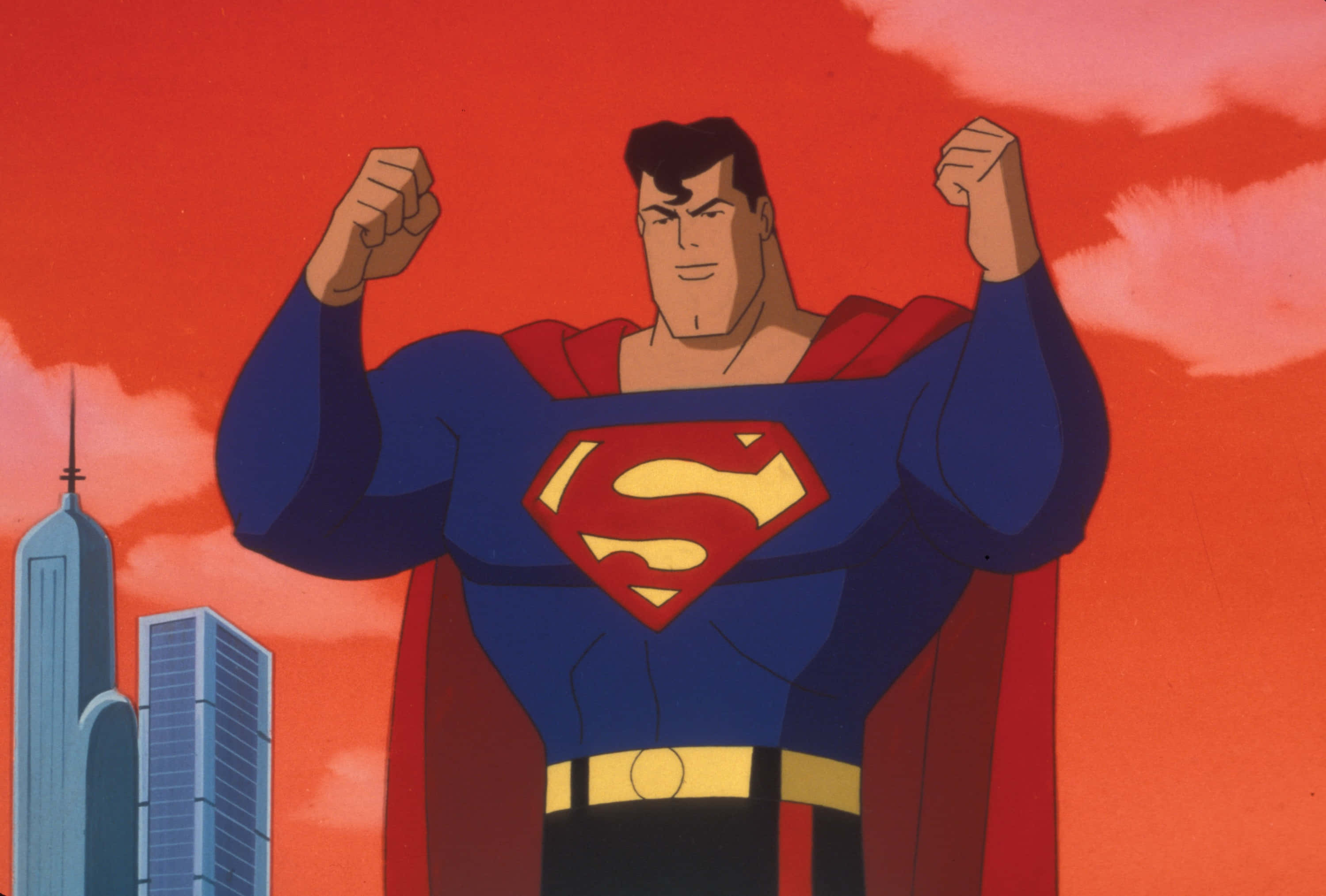 Superman The Animated Series, fiery red sky, city skyline, 2K Desktop Wallpaper