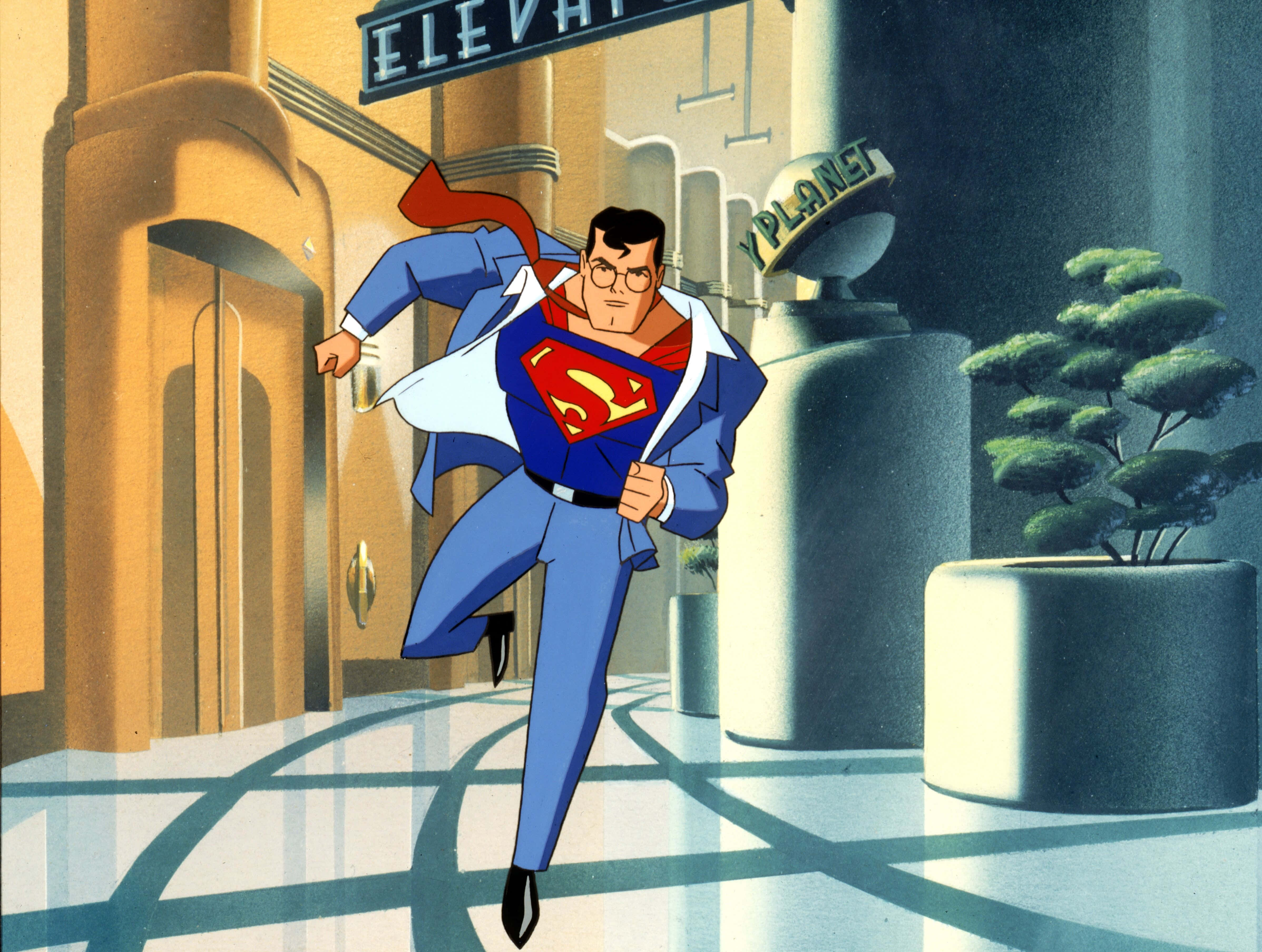 Superman: The Animated Series, classic blue suit, sunlit Art Deco lobby, 4K Desktop Wallpaper