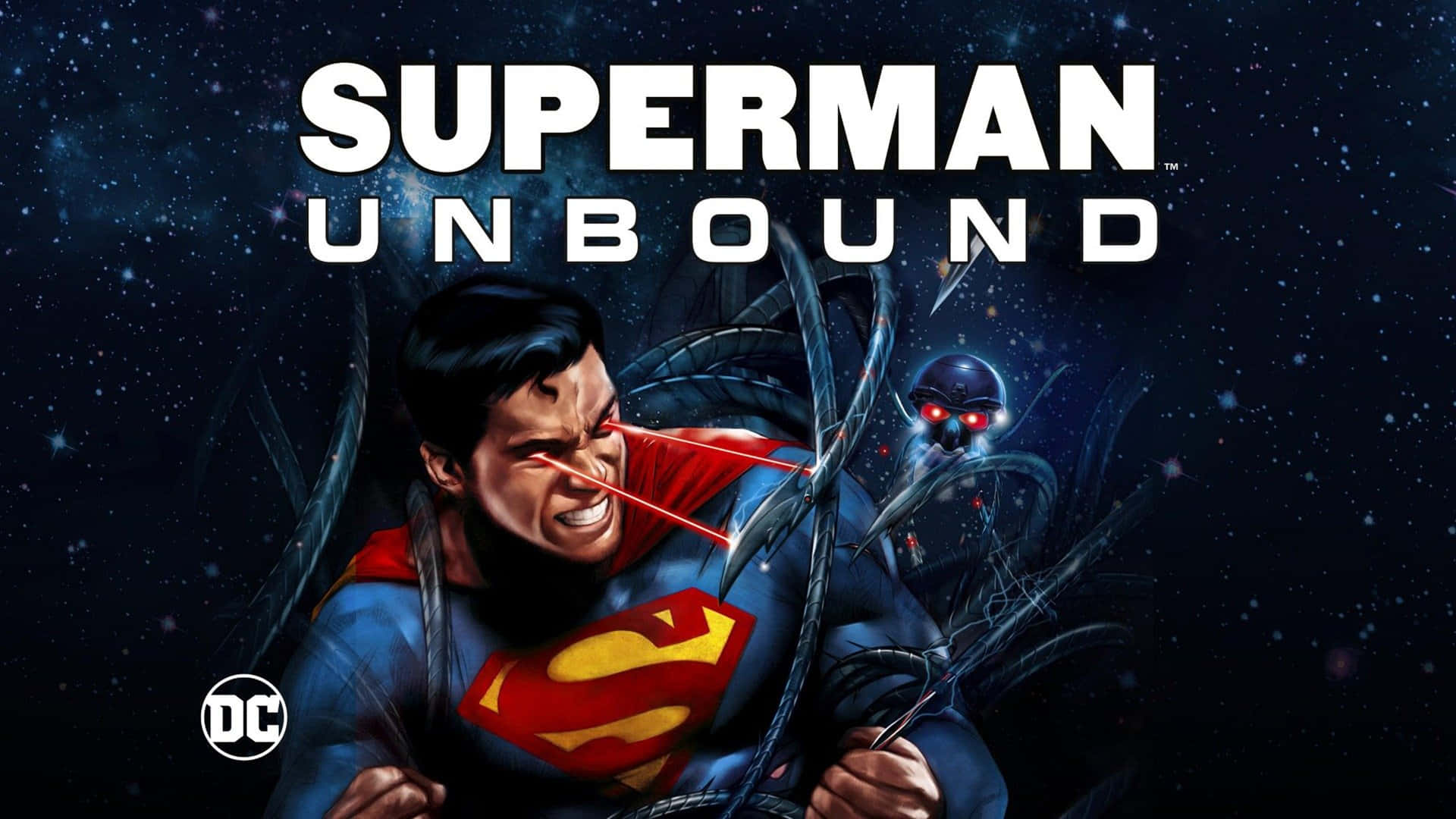 Superman Unbound, glowing red eyes, starry cosmic backdrop, Full HD Desktop Wallpaper