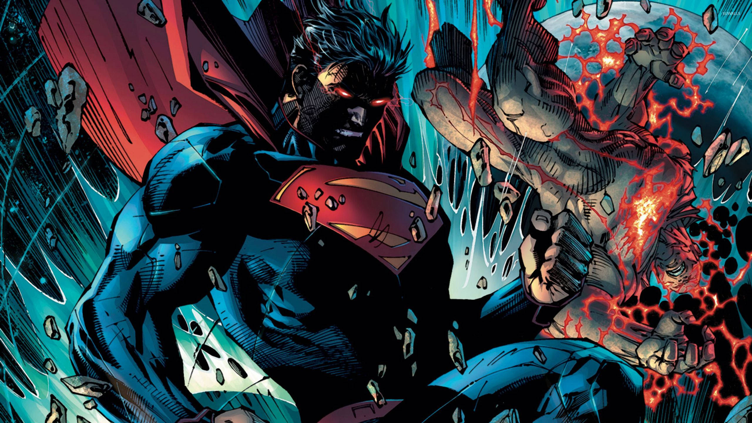 Superman, fiery red-skinned villain, shattered debris, 2K Desktop Wallpaper