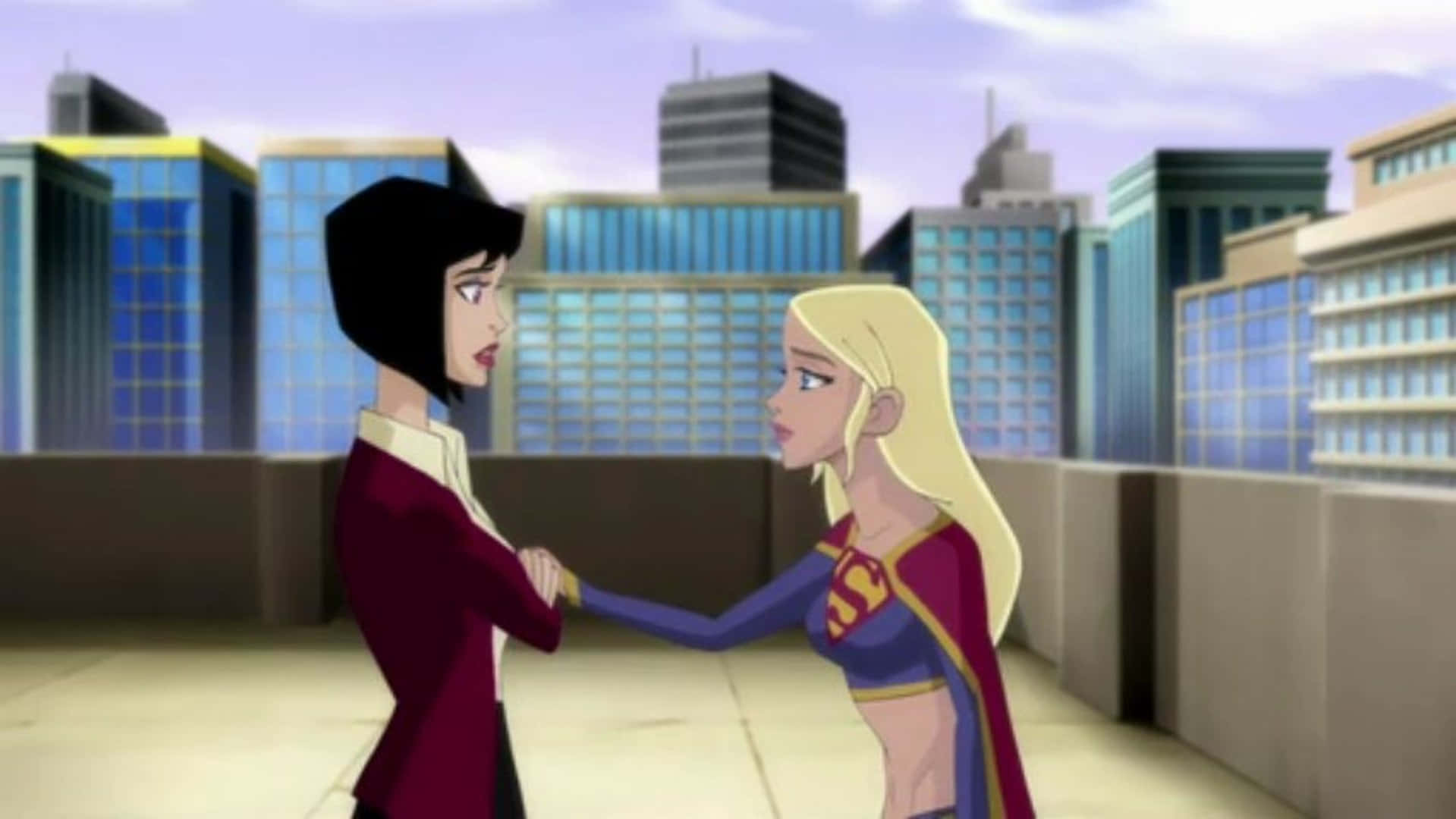 Superman Unbound, animated female superheroes, city rooftop, HD Desktop Wallpaper