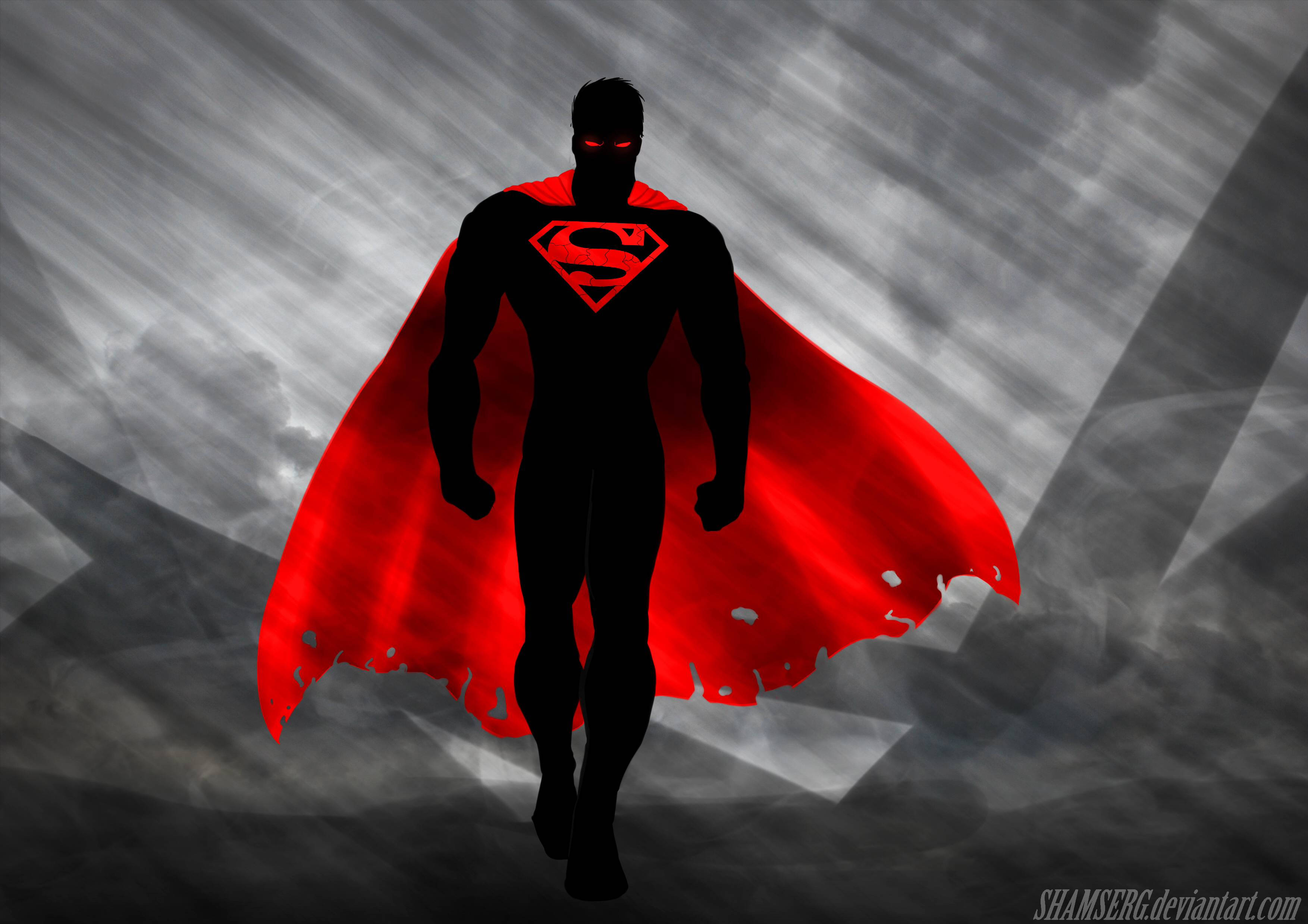 Superman, glowing red eyes, tattered red cape, 2K Desktop Wallpaper