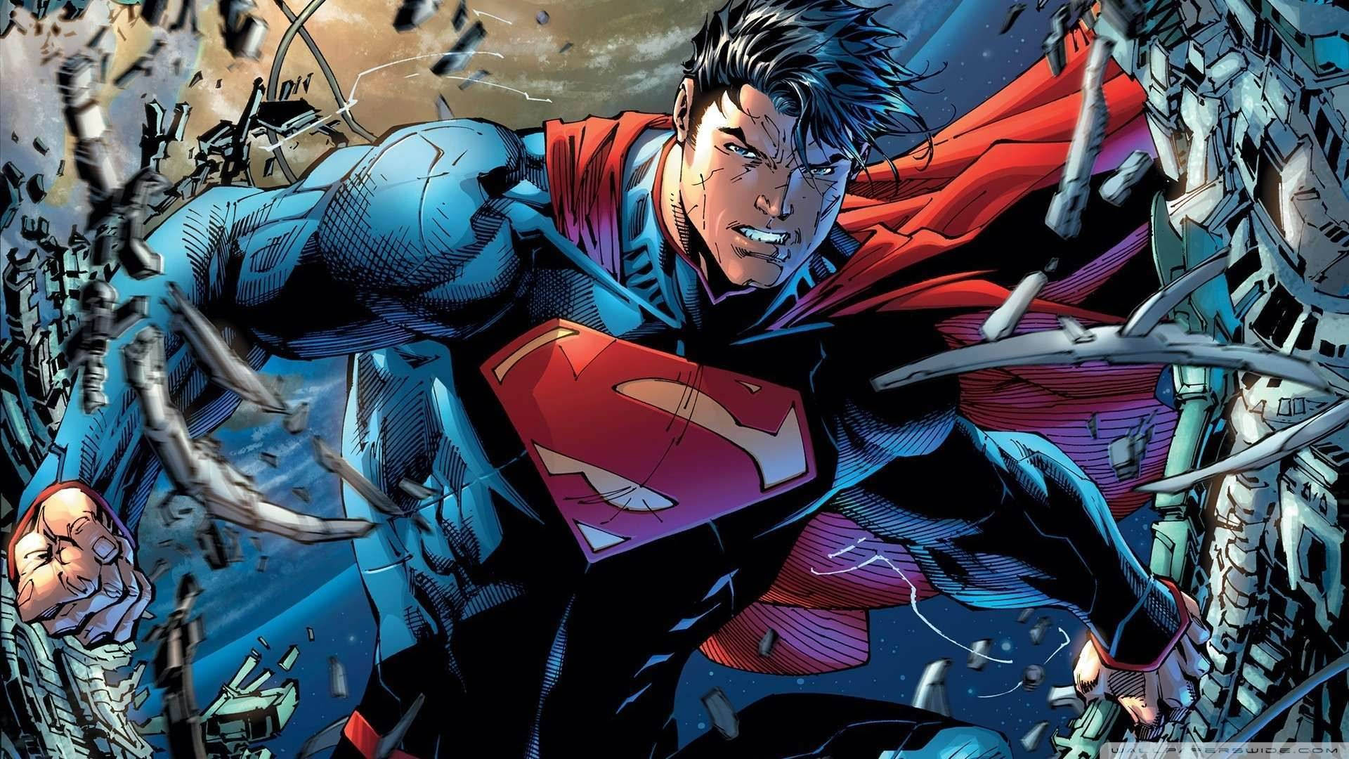 Superman, blue and red suit, crumbling cityscape, Full HD Desktop Wallpaper