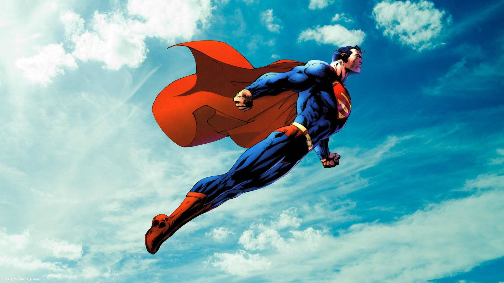 Superman, bright blue sky, white clouds, Full HD Desktop Wallpaper