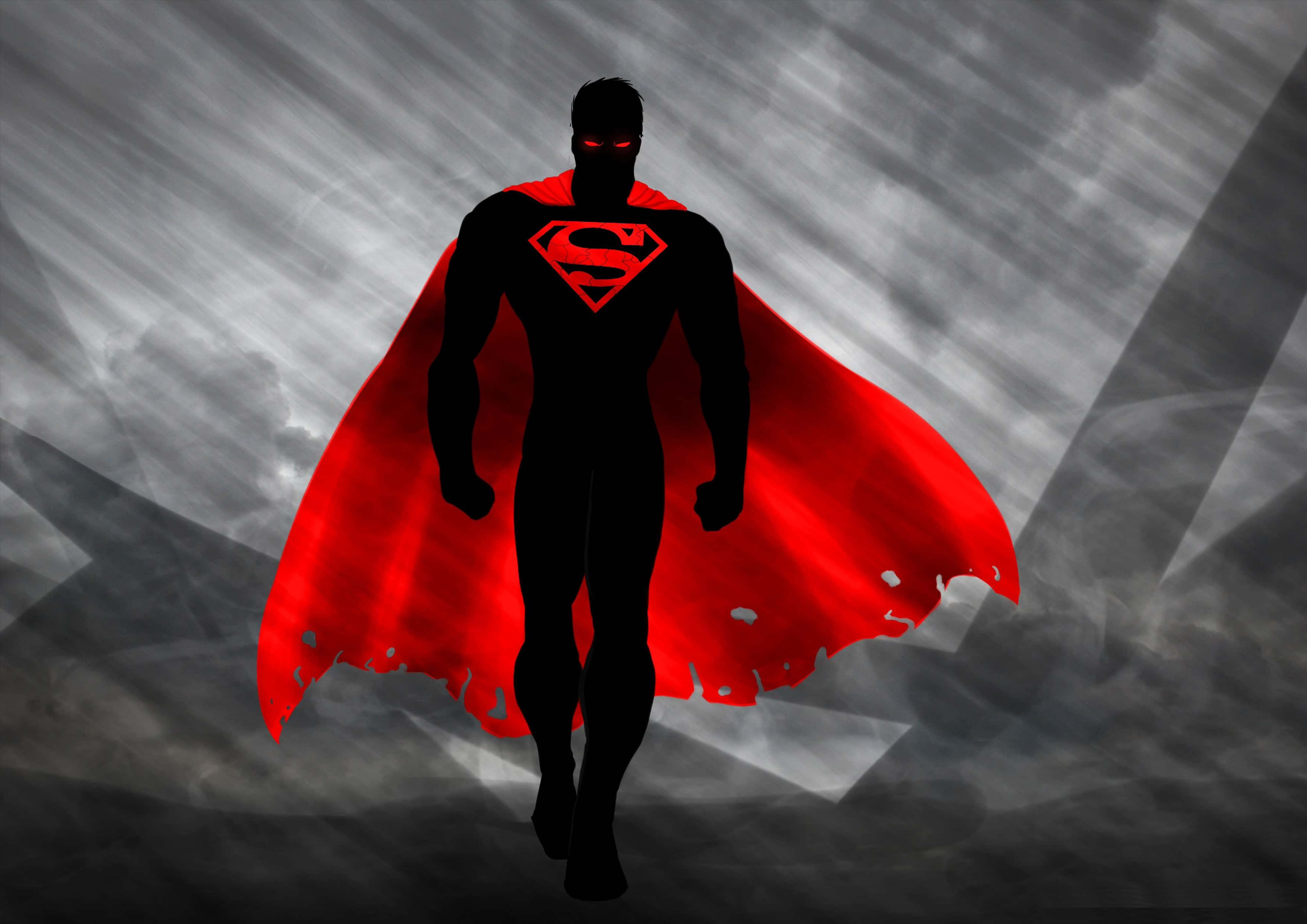 Superman, glowing red eyes, flowing red cape, 4K Desktop Wallpaper