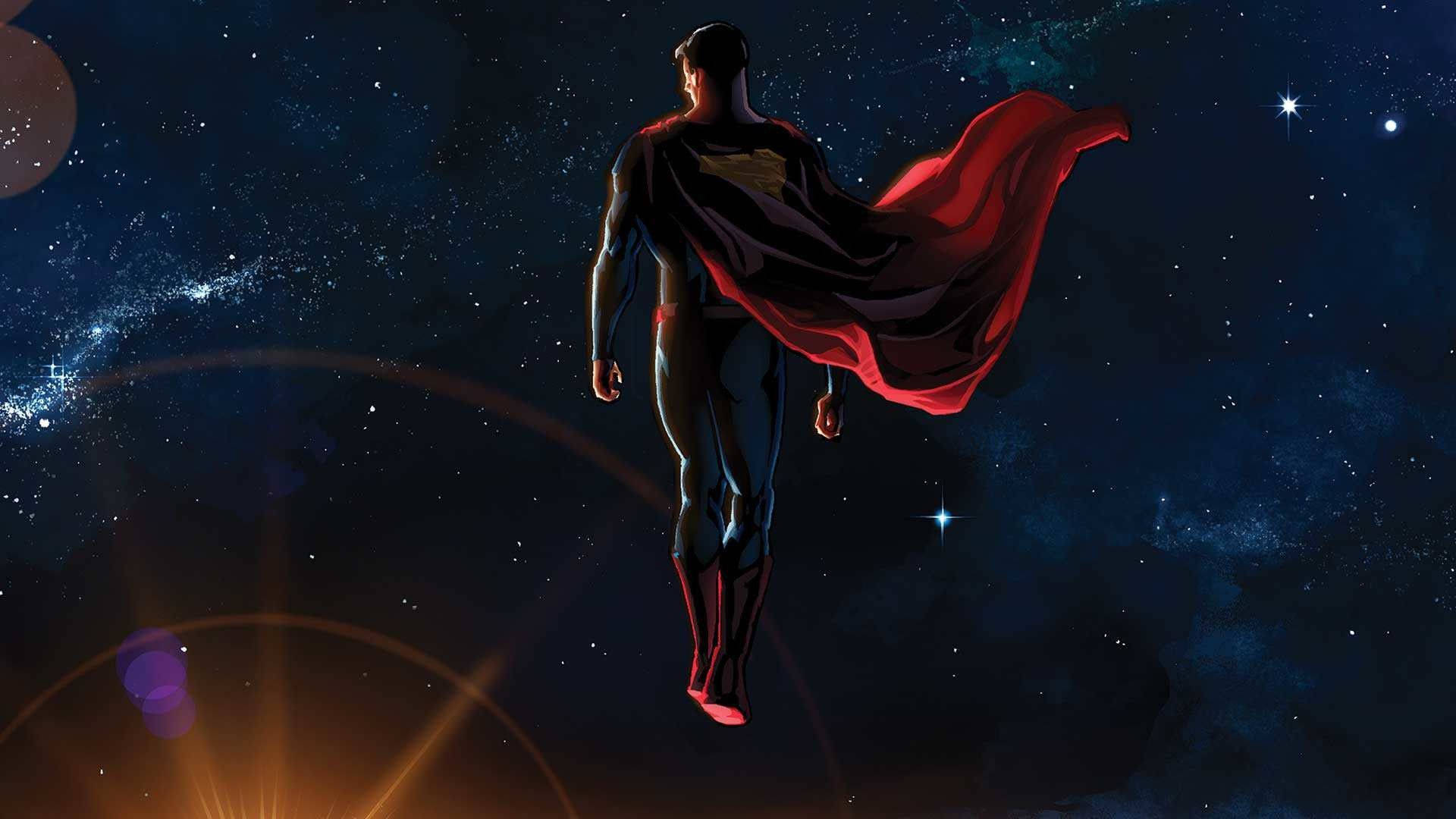 Superman, starry cosmic expanse, red cape, Full HD Desktop Wallpaper