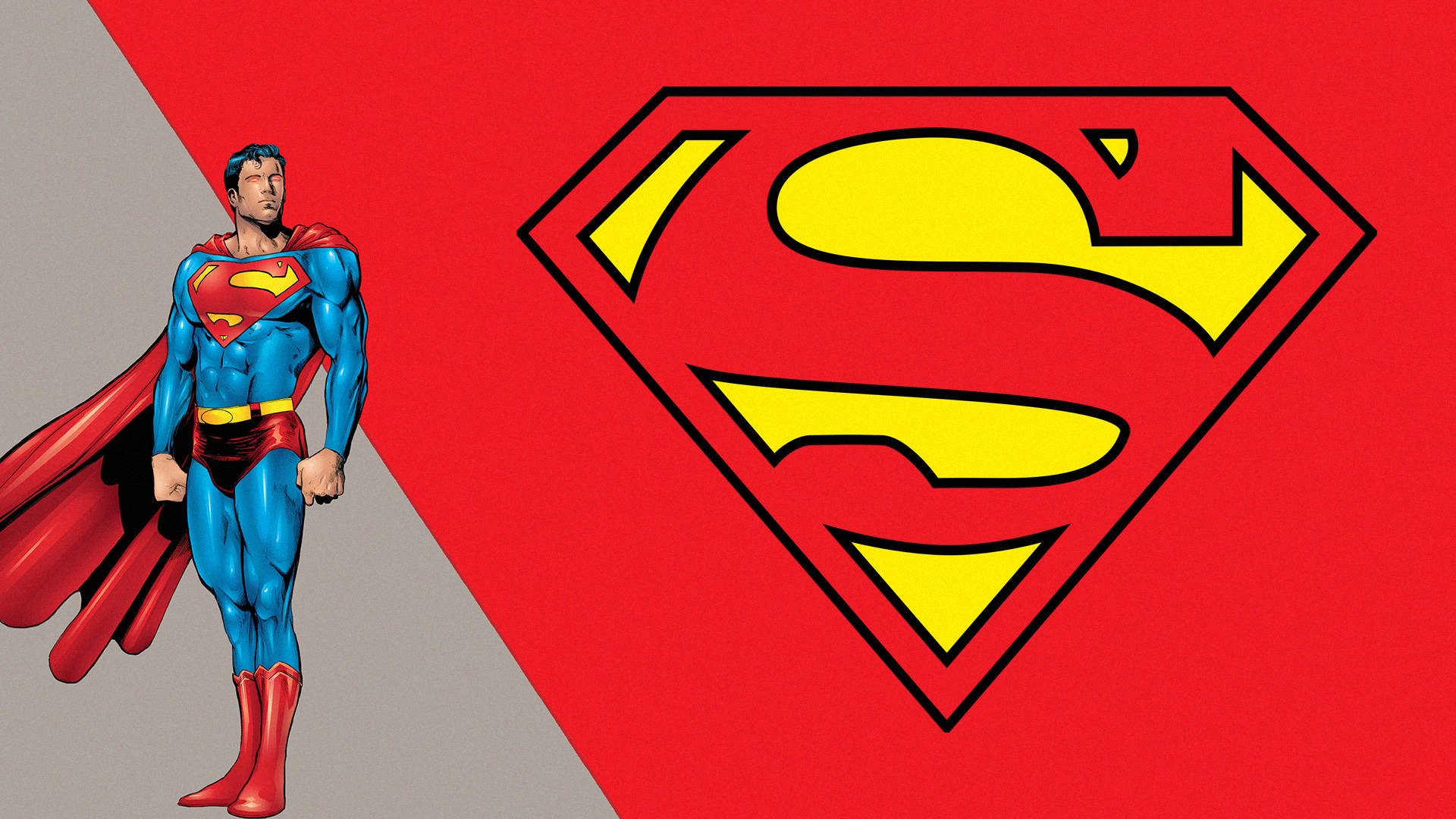 Superman, red and yellow S-shield logo, bold red and gray background, Full HD Desktop Wallpaper
