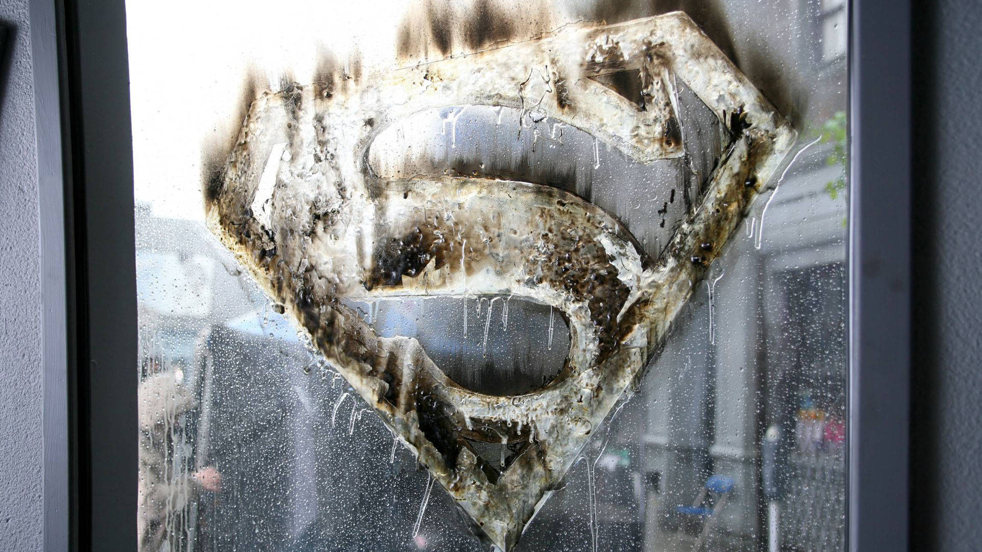 Superman logo, glass window, rain-splattered, Full HD Desktop Wallpaper