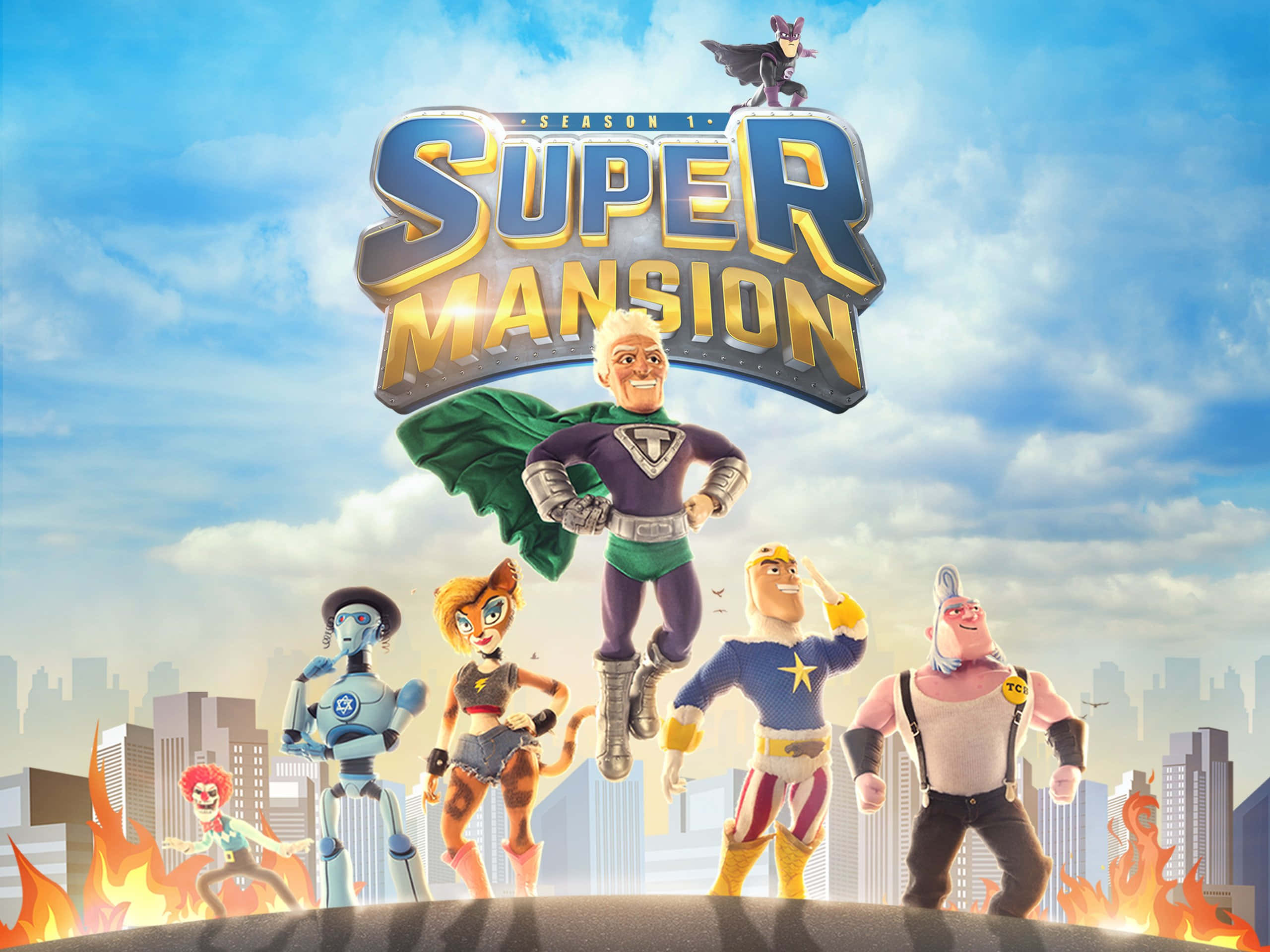 Supermansion, burning cityscape, bright blue sky, 2K Desktop Wallpaper