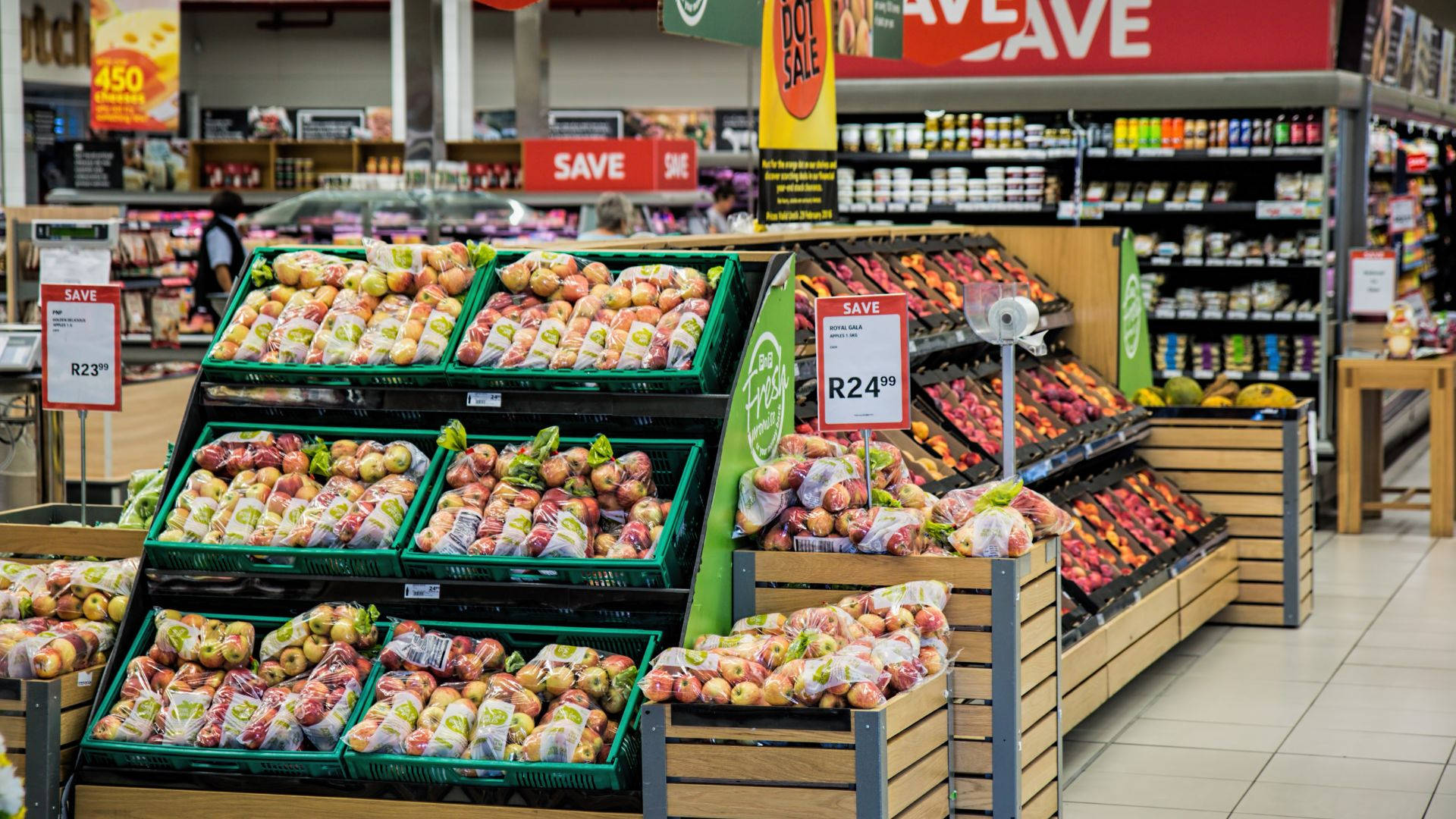 supermarket aisle, colorful apples, produce, Full HD Desktop Wallpaper