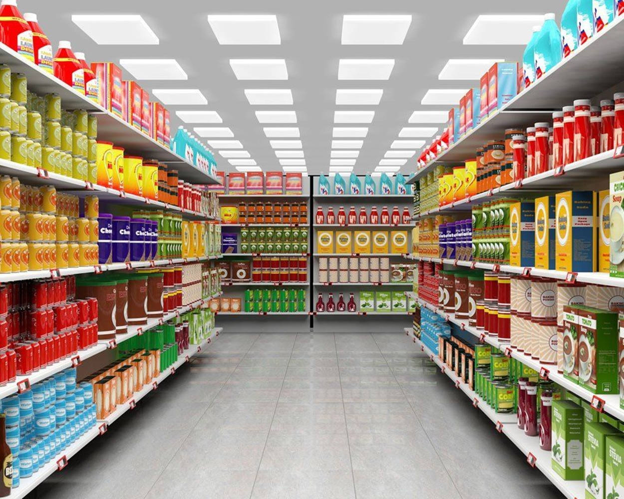 supermarket, aisle, colorful product shelves, SD Desktop Wallpaper