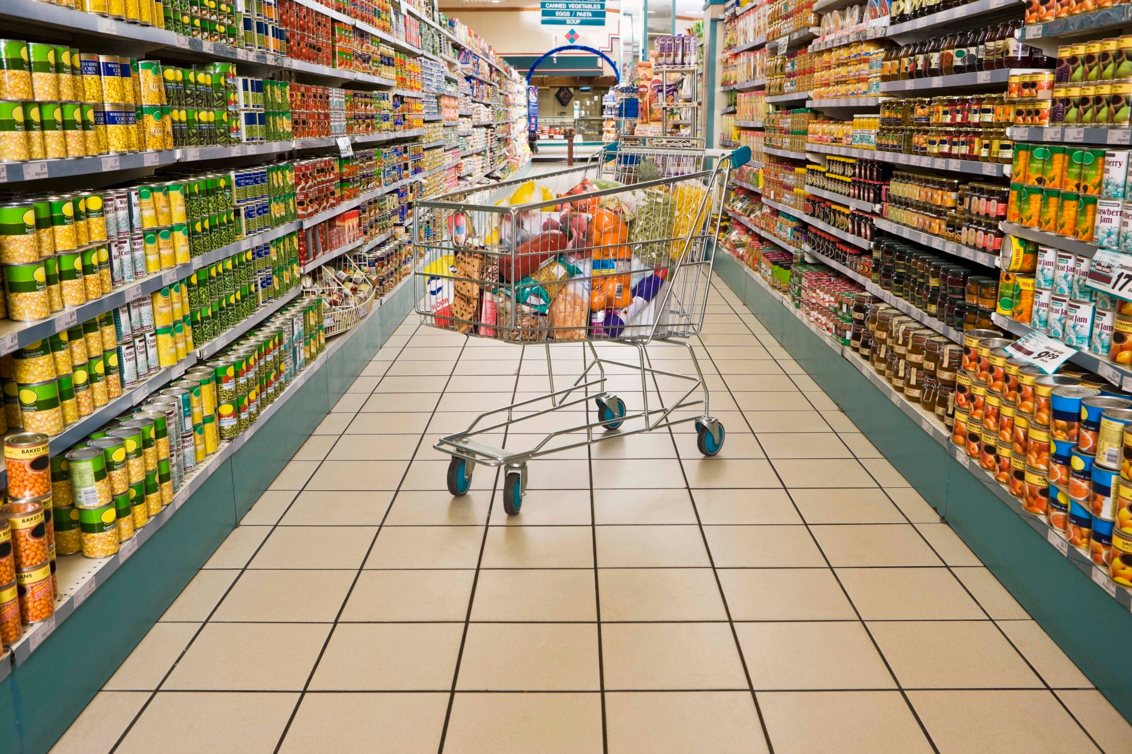 shopping cart, groceries, supermarket aisle, Full HD Desktop Wallpaper