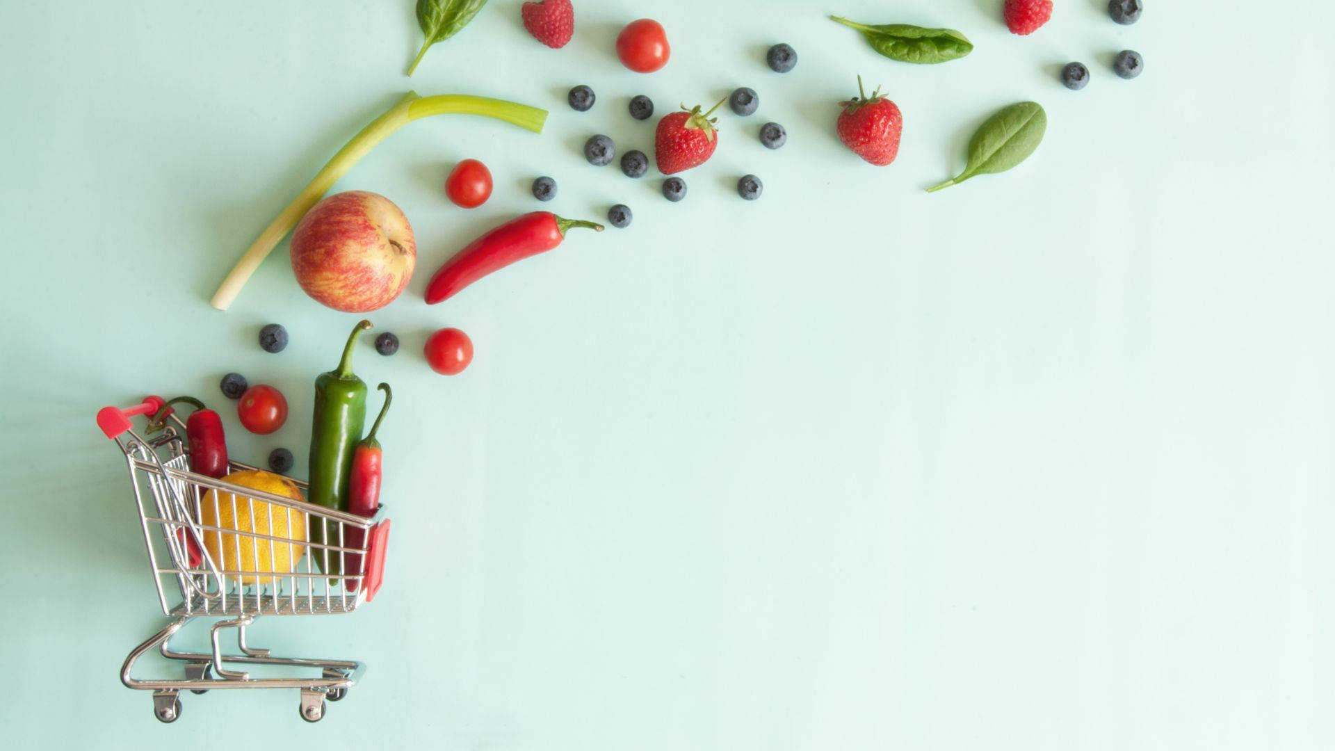 miniature shopping cart, colorful fresh produce, vibrant fruits and veggies, Full HD Desktop Wallpaper