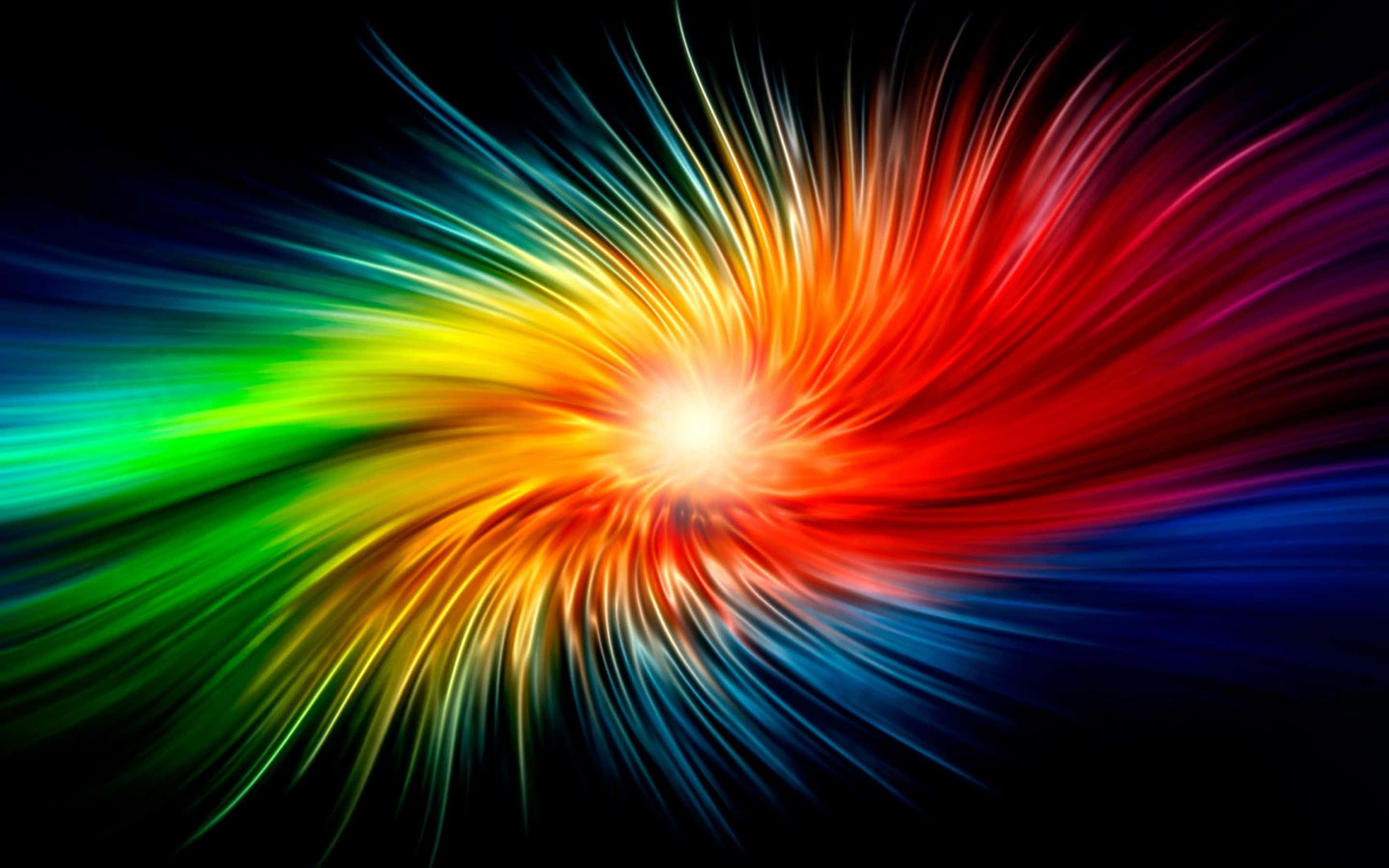 rainbow light rays, bright center, black background, 2K Desktop Wallpaper