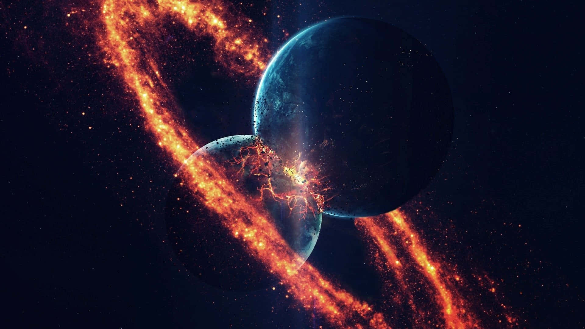 Cosmic Collision Impact, planets, fiery orange energy stream, Full HD Desktop Wallpaper