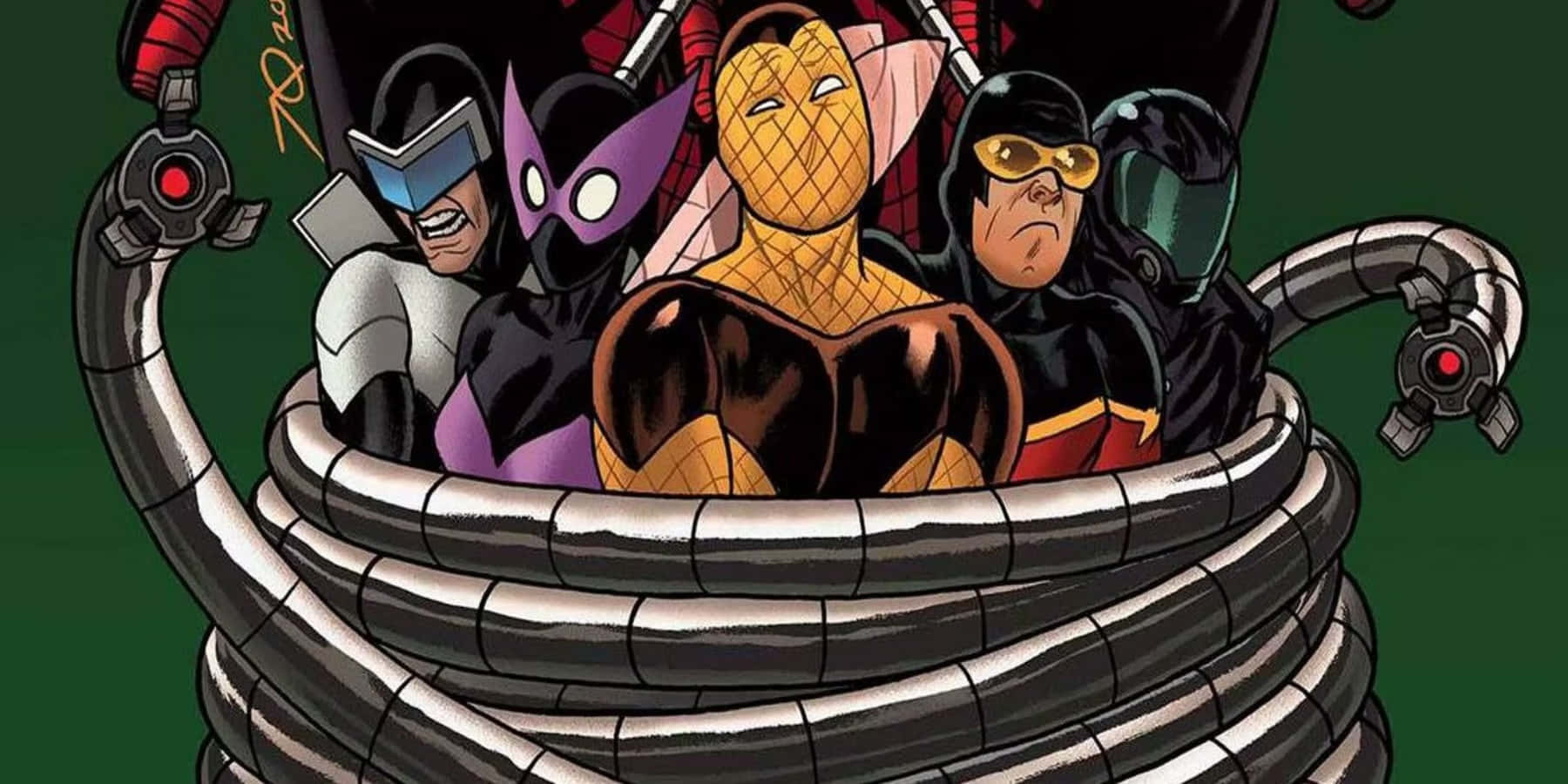 Supervillain Team-up, giant mechanical spider web, dark green background, HD Desktop Wallpaper