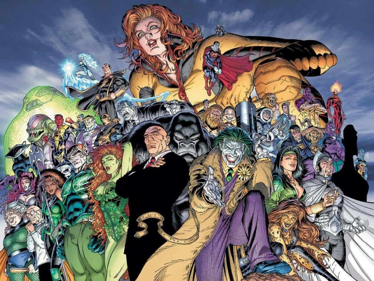 Supervillain Team-up, comic book collage, iconic superheroes and villains, SD Desktop Wallpaper