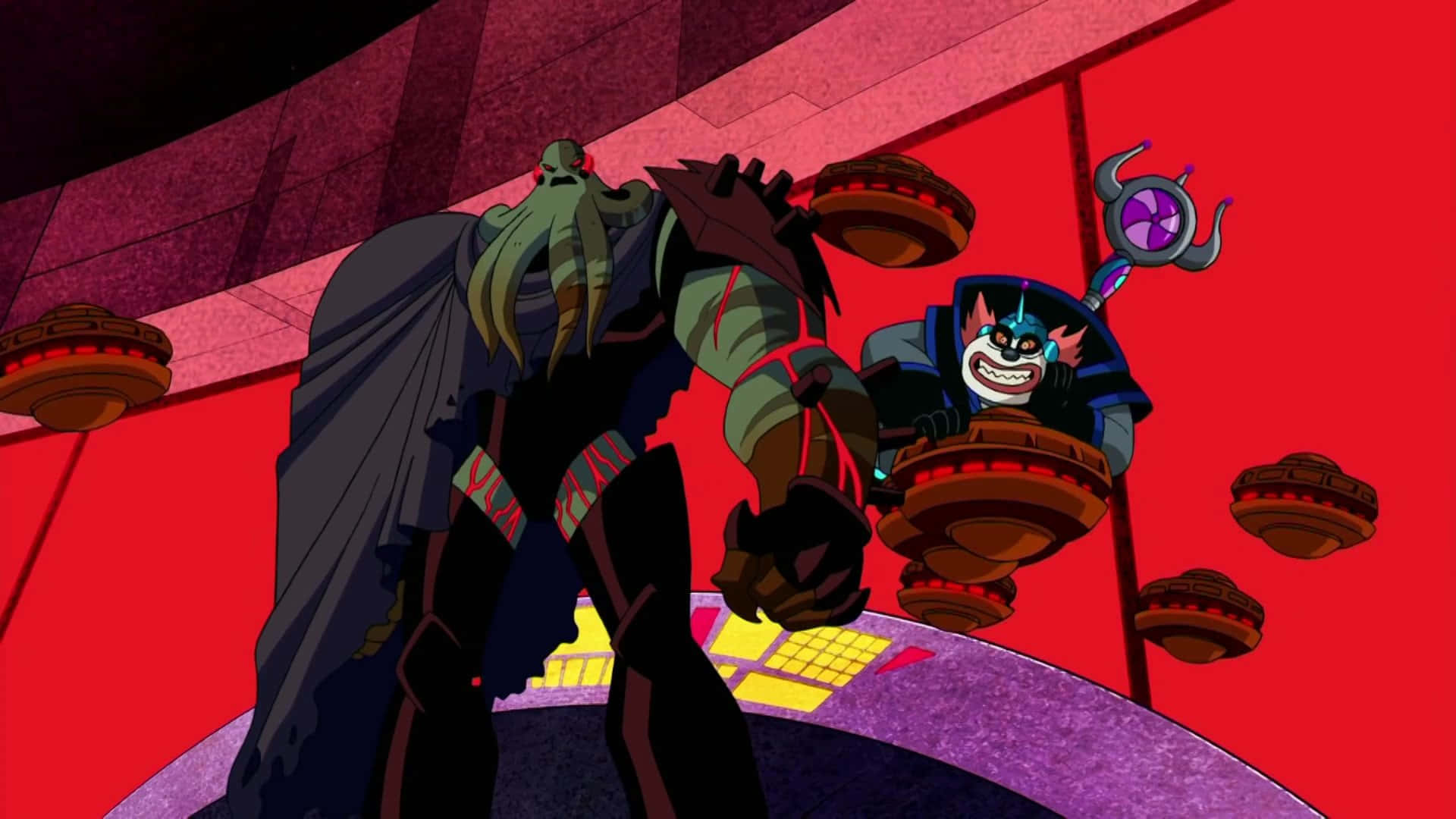 Supervillain Team-up, red futuristic room, floating platforms, Full HD Desktop Wallpaper