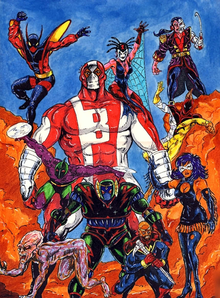Supervillain Team-up, firey orange and blue sky, comic book illustration, SD Phone Wallpaper