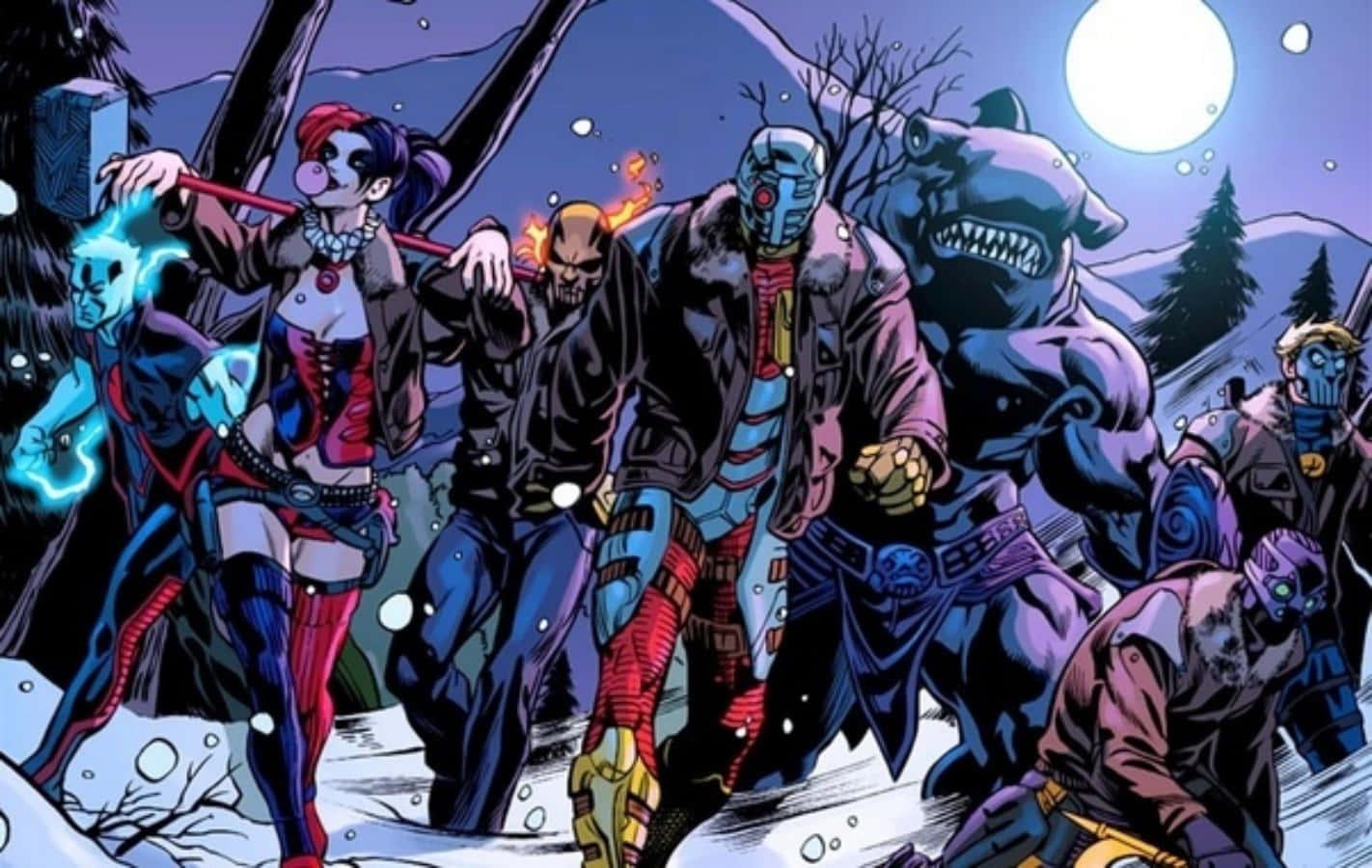 Supervillain Team-up, snowy forest, full moon, HD Desktop Wallpaper