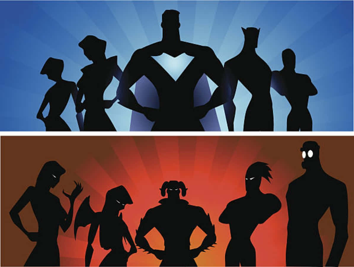 Supervillain Team-up, radiant blue, orange sunburst, SD Desktop Wallpaper