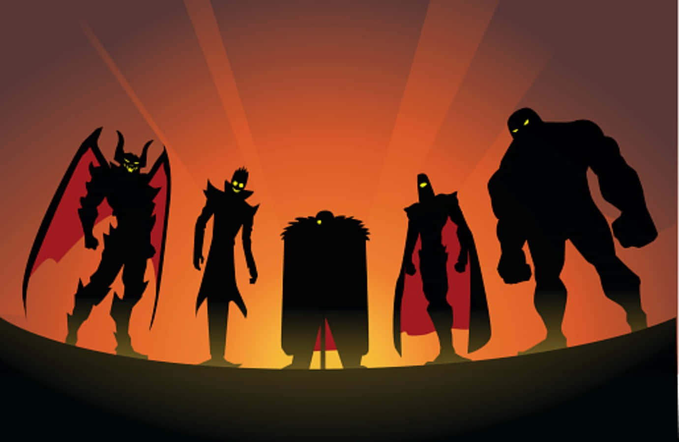 Supervillain Team-up, five monstrous silhouettes, glowing eyes, HD Desktop Wallpaper