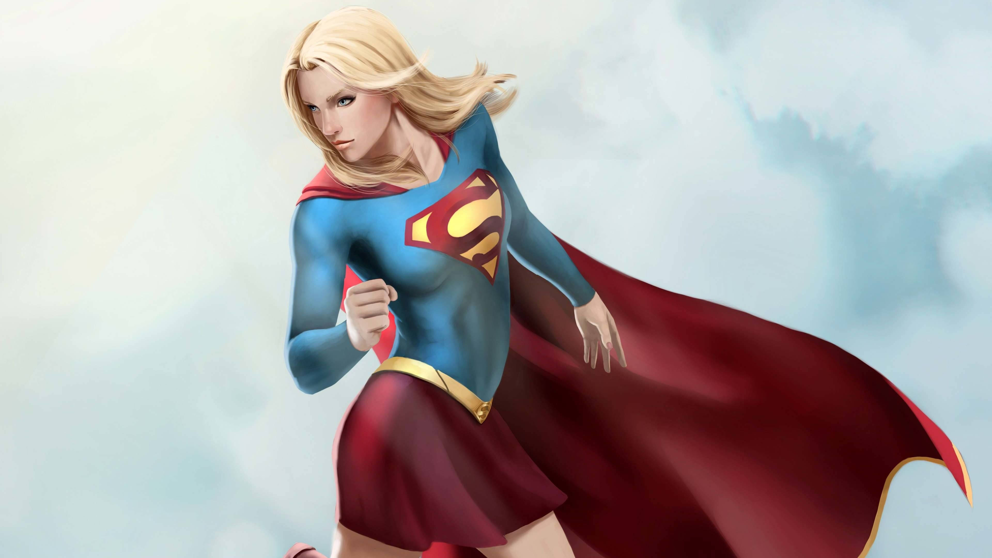 Superwoman, blue and red costume, flowing cape, 4K Desktop Wallpaper