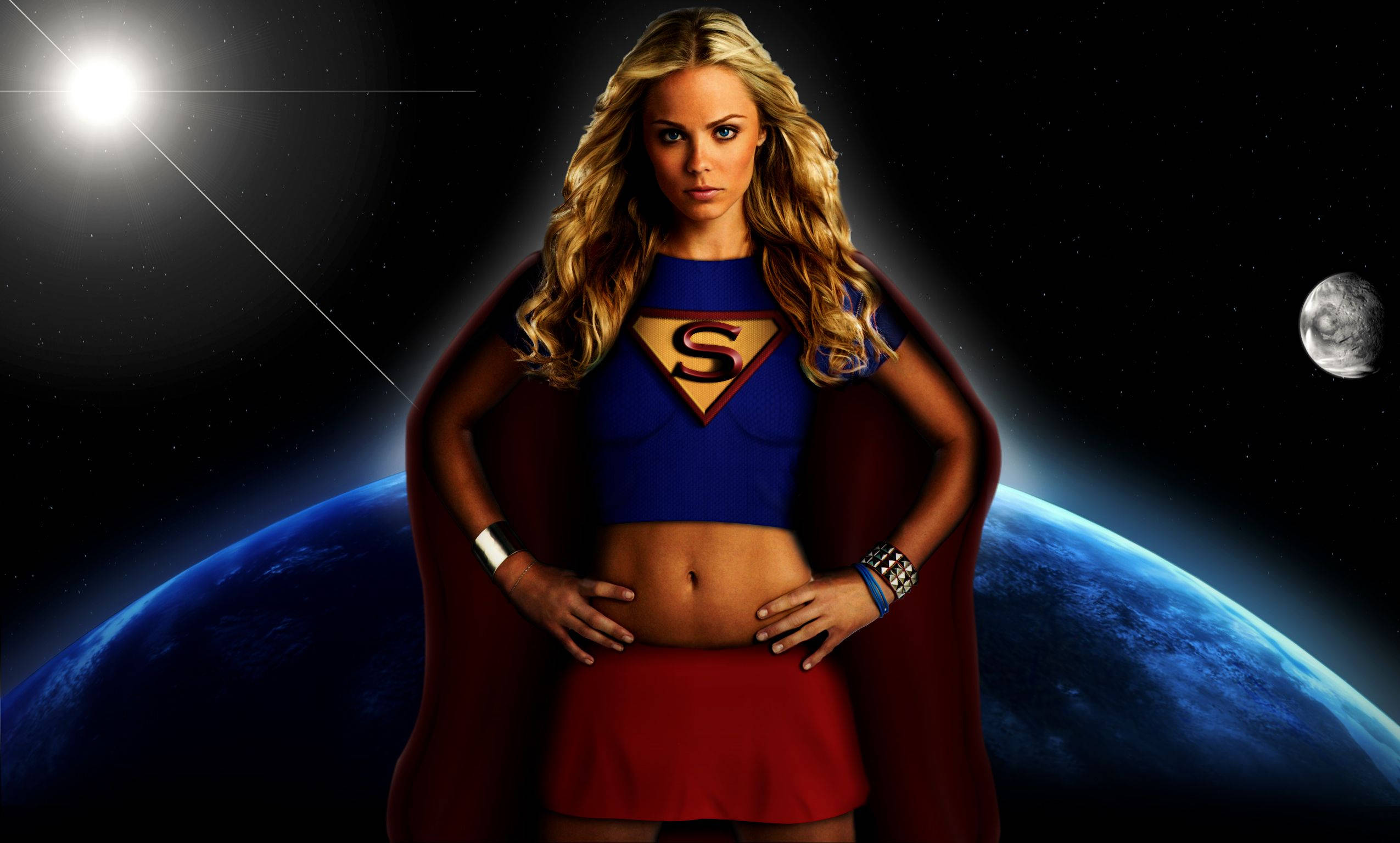 Superwoman, blue and red costume, cosmic backdrop, Full HD Desktop Wallpaper