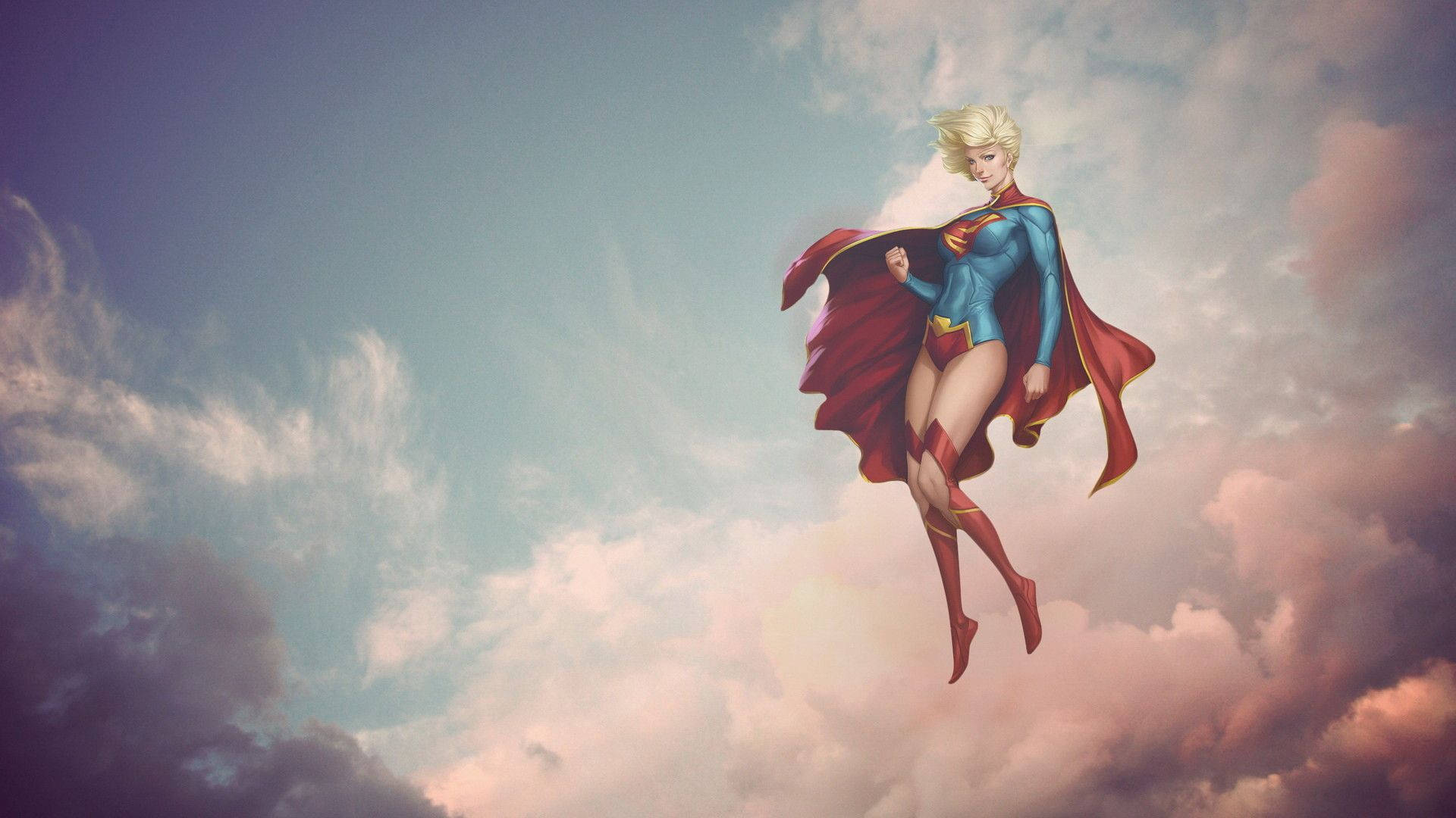 Superwoman, blue and red costume, cloudy sky, Full HD Desktop Wallpaper