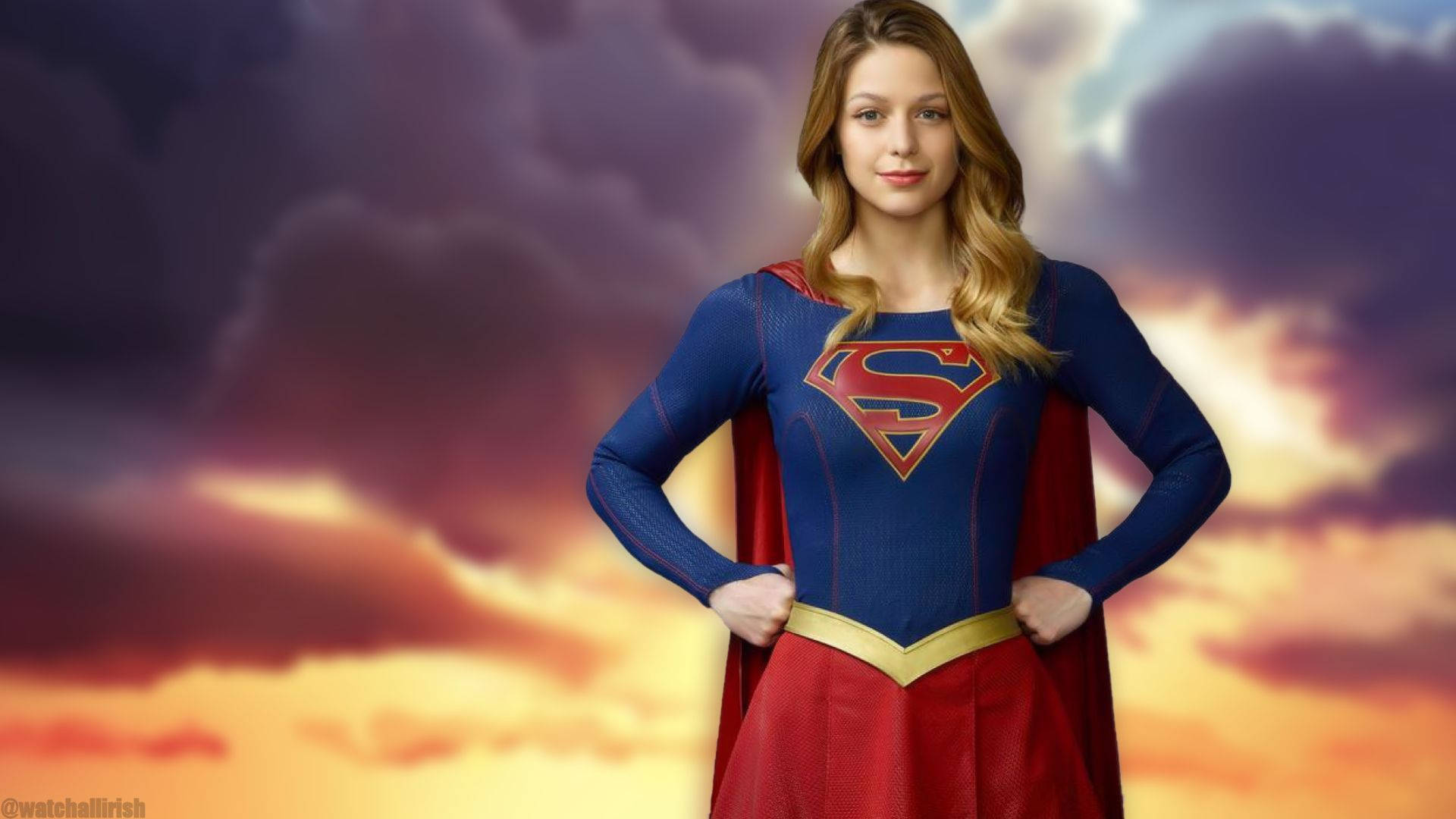 Superwoman, blue and red costume, dramatic sunset sky, Full HD Desktop Wallpaper