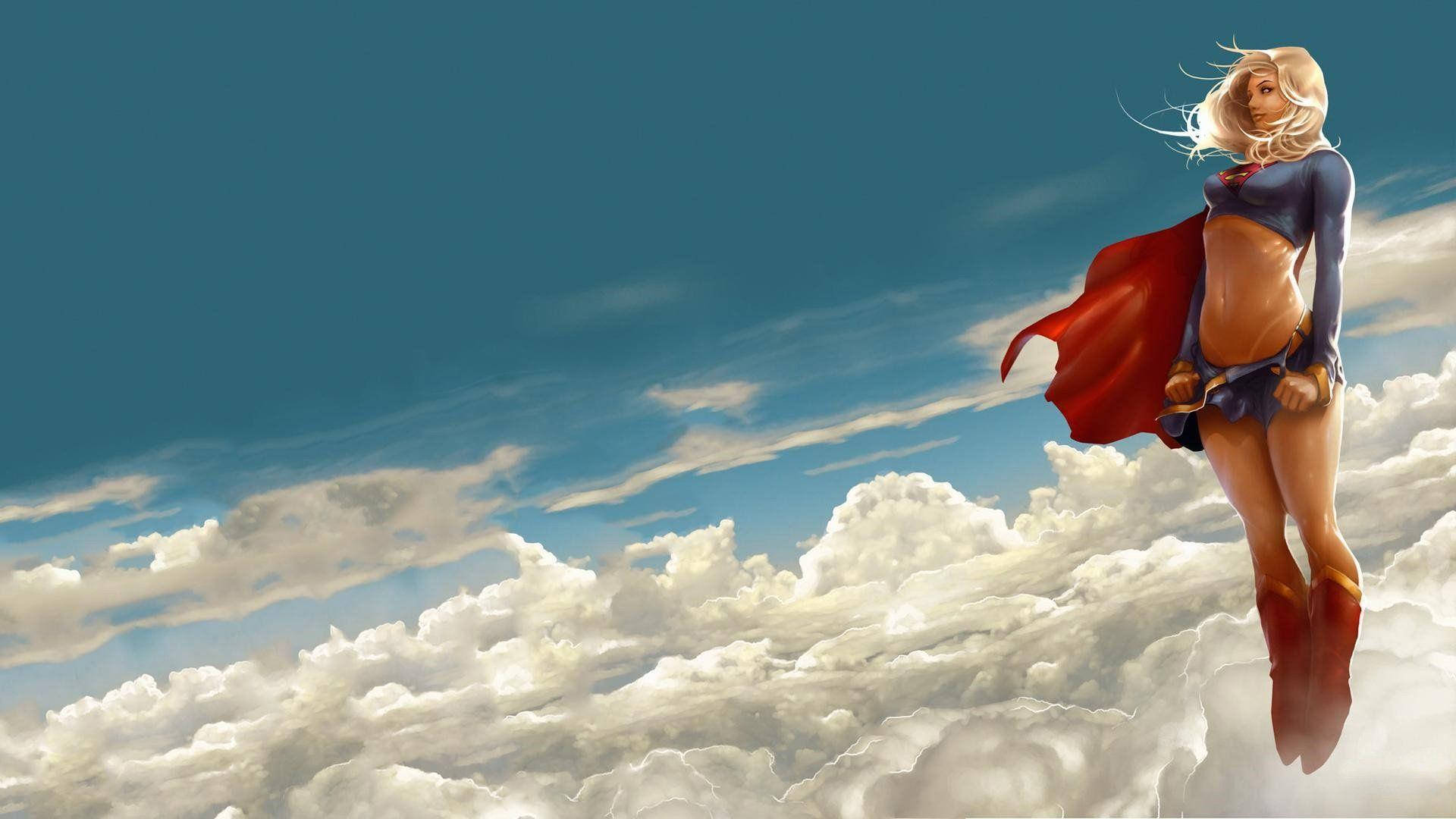Superwoman, blue and red costume, fluffy white clouds, Full HD Desktop Wallpaper