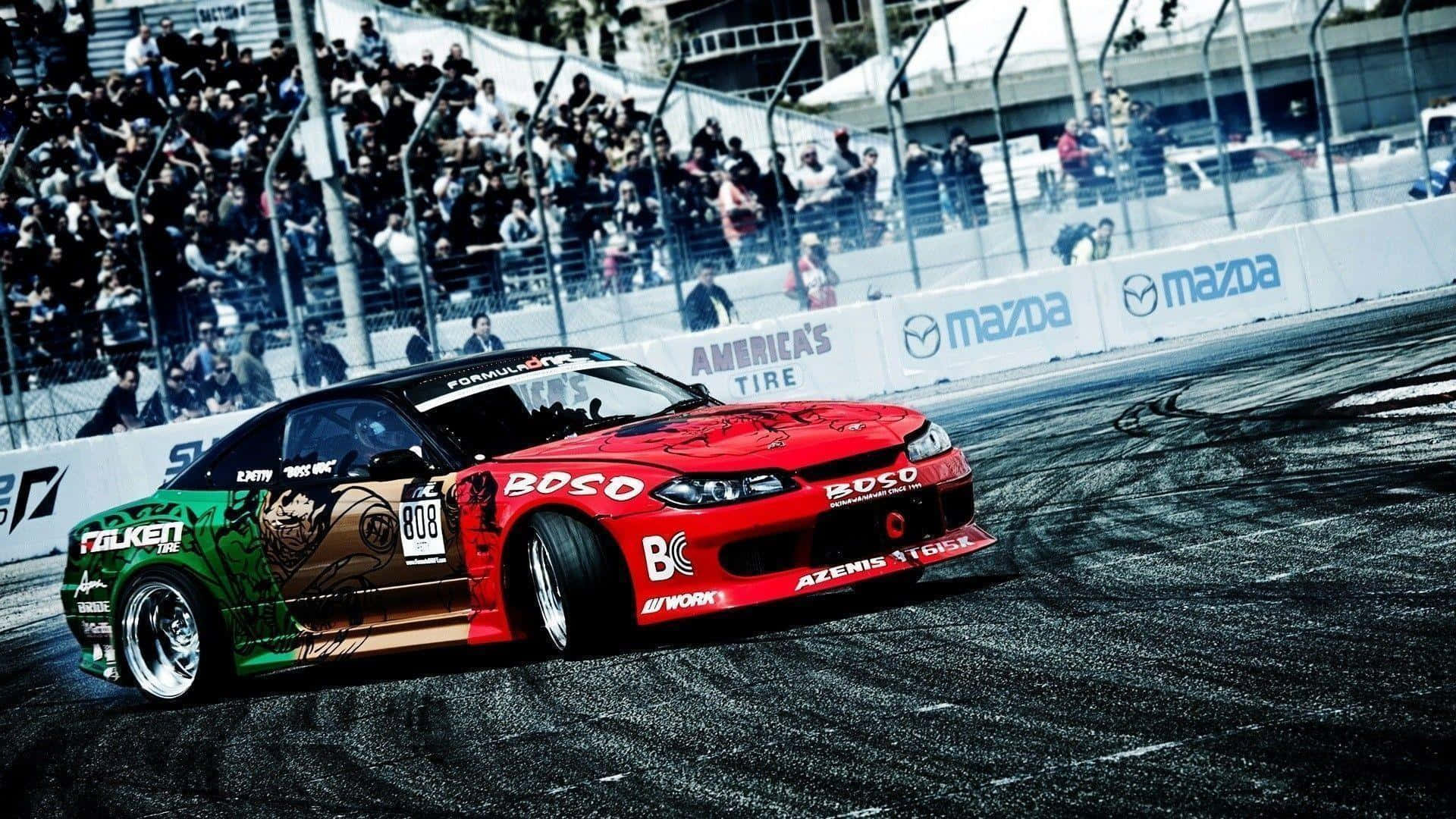 Supra Drift, red and green drift car, racetrack, Full HD Desktop Wallpaper