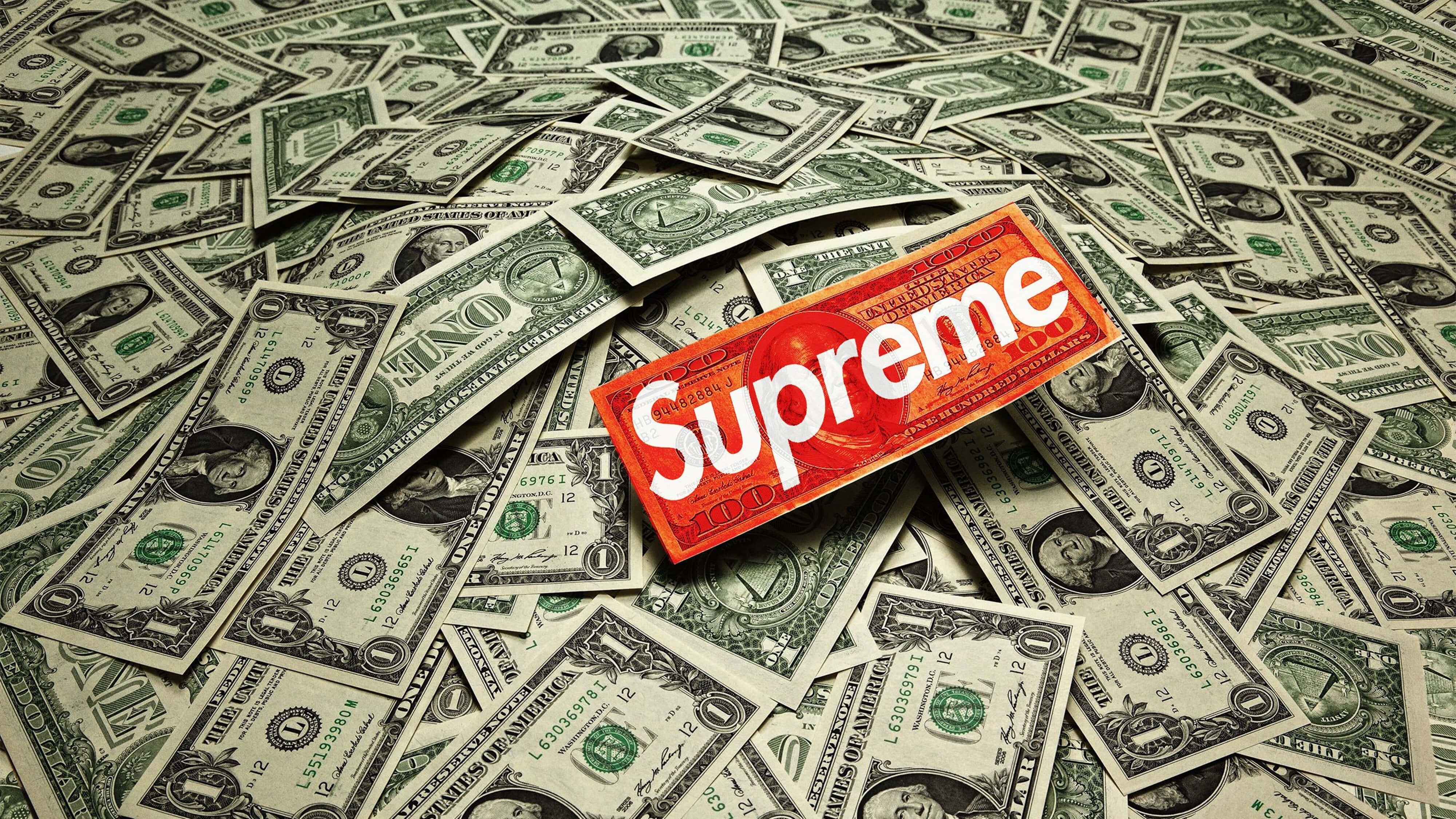Supreme, red Supreme box, US one-dollar bills, 4K Desktop Wallpaper