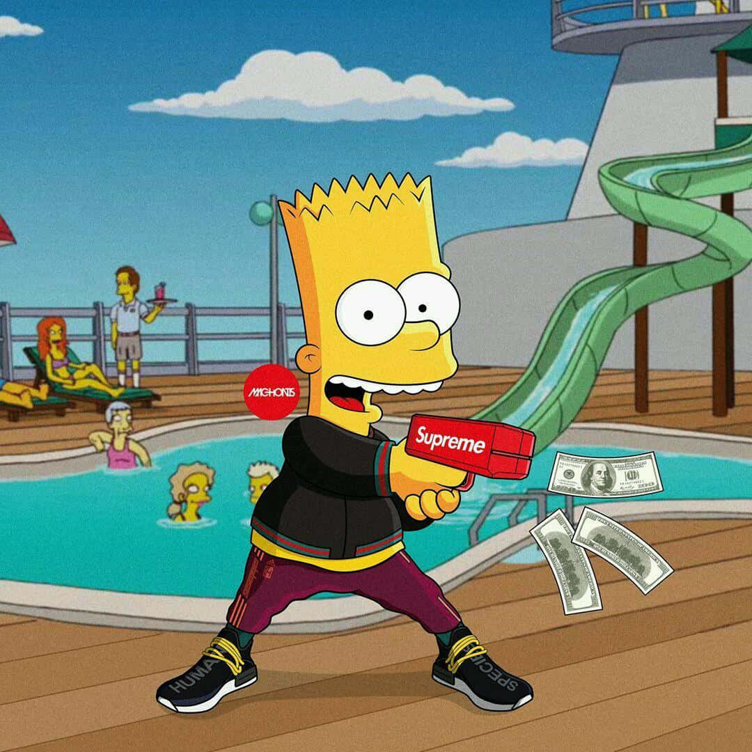 Supreme Bart Simpson, money gun, red Supreme water gun, SD Desktop Wallpaper