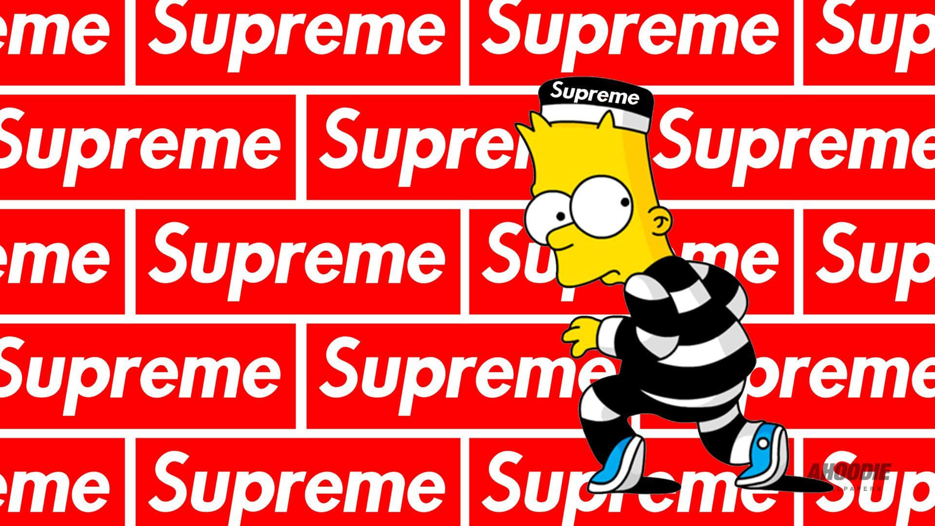 Bart Simpson, striped prison outfit, red Supreme logo, Full HD Desktop Wallpaper